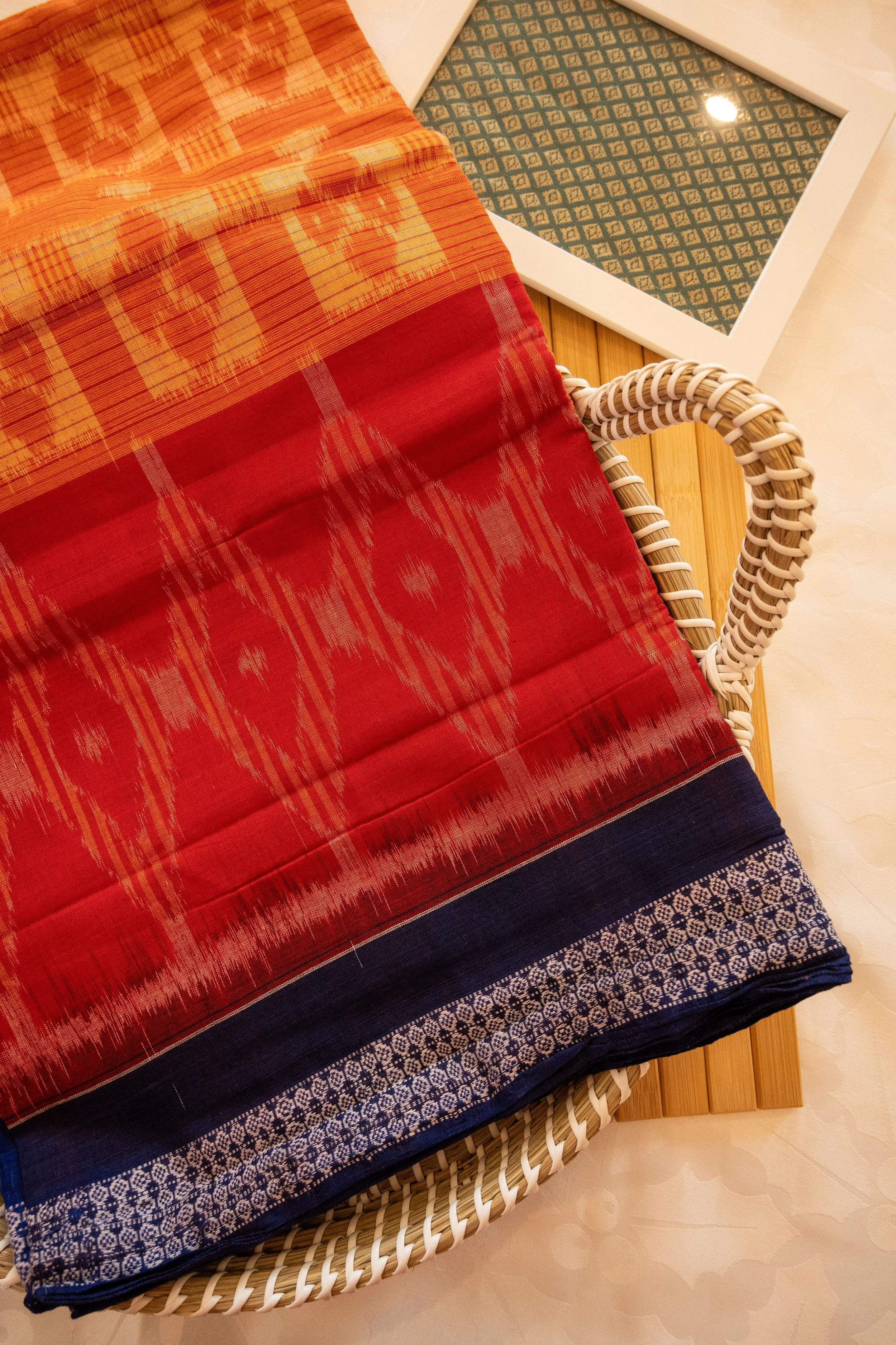 Spanish crimson with blue border Sambalpuri weave - Nadhi | The Saree Store