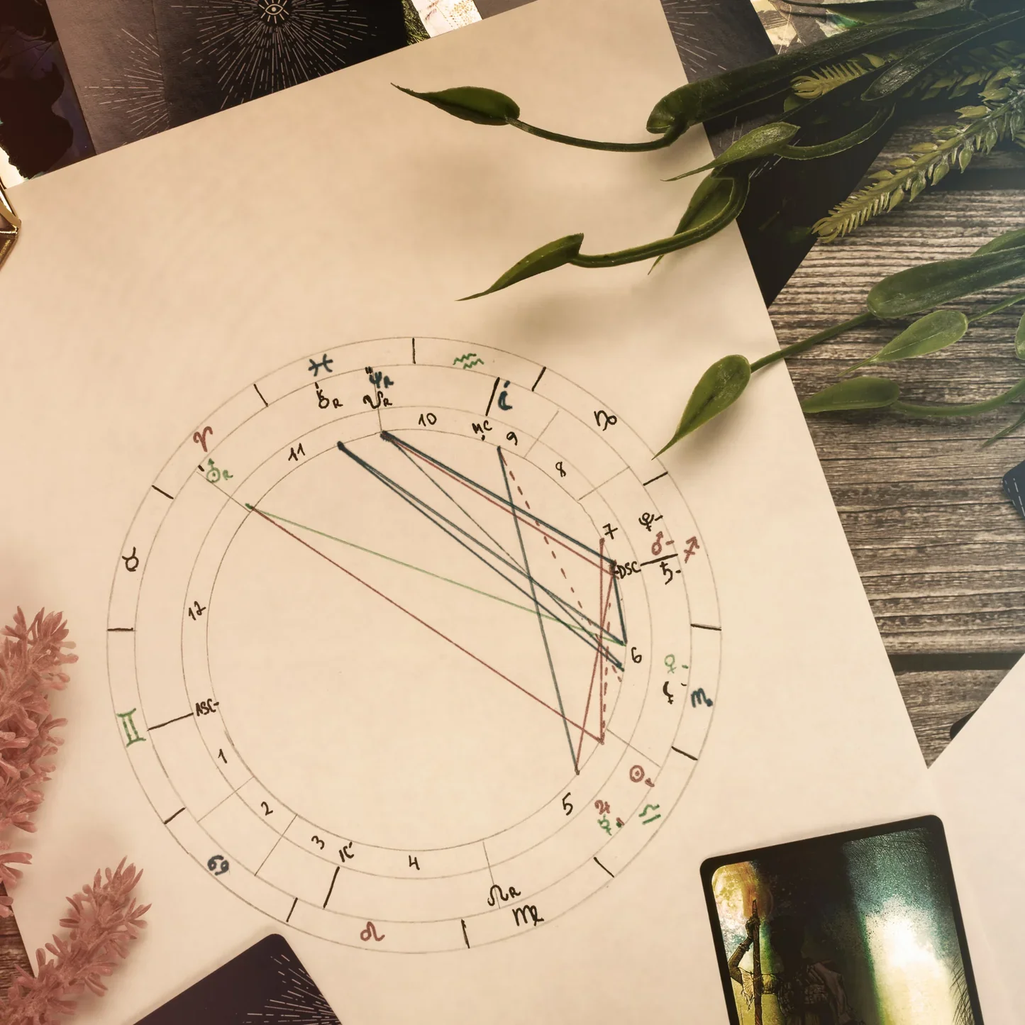 A detailed astrological birth chart on white paper, surrounded by green plants, with tarot cards and a smartphone on a wooden surface.
