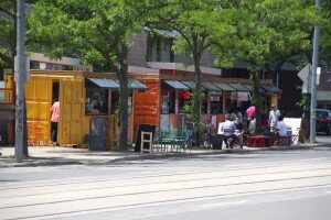 Street view of market 707 in front of Scadding Court in Toronto