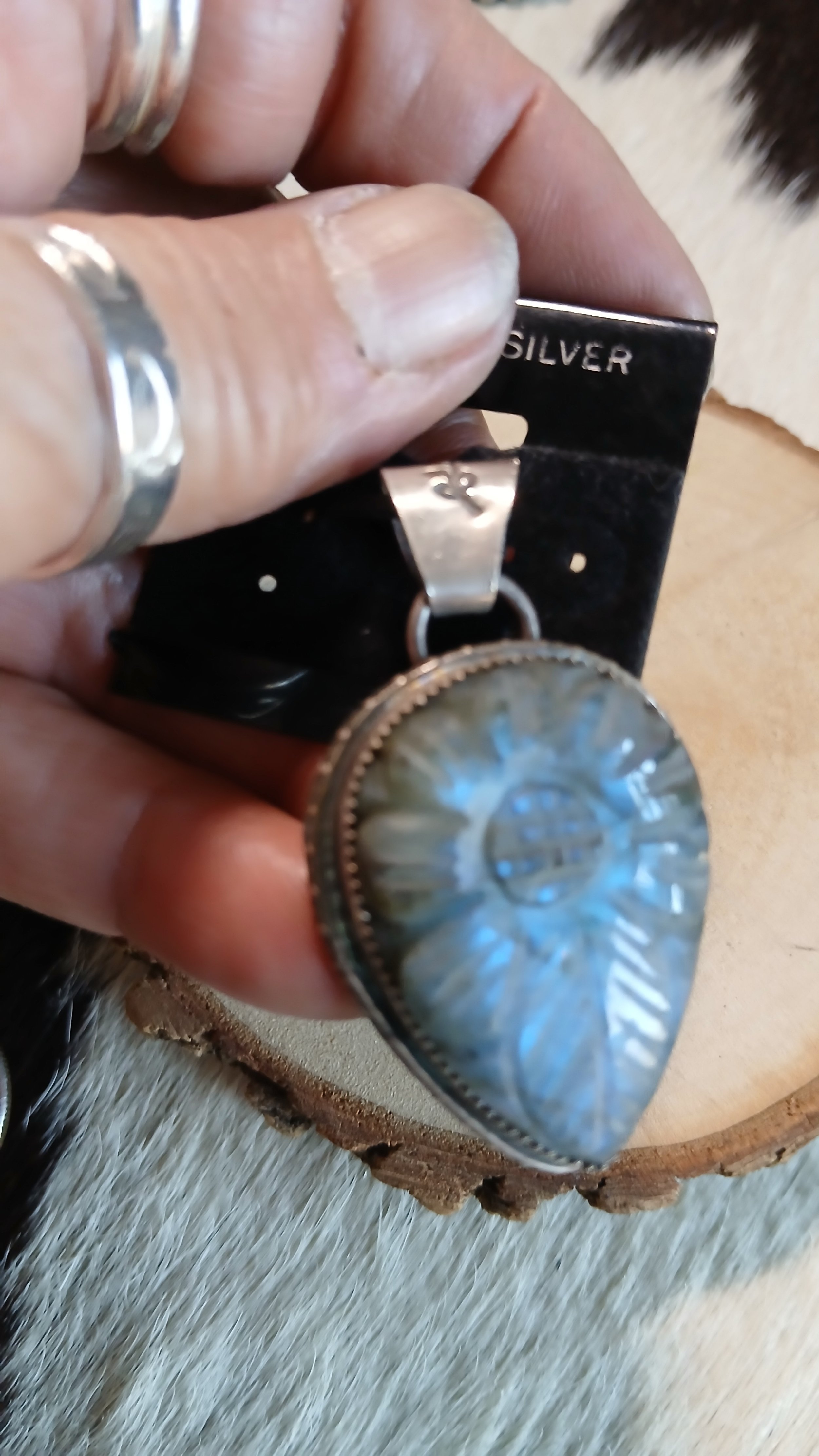 Carved Laborite and Sterling Flower Pendant