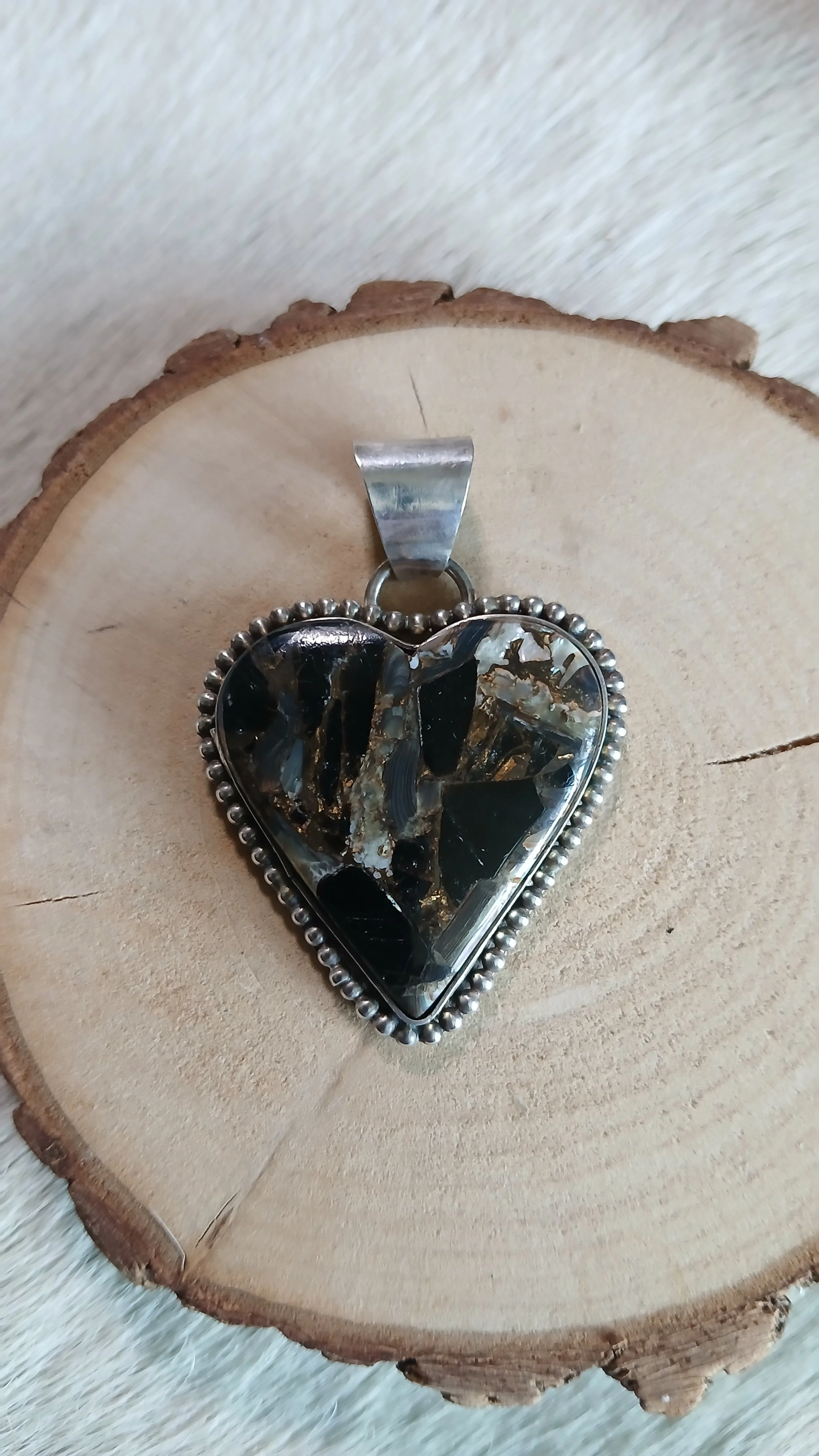 Dreamy Black Onyx, Shell, Copper and Sterling Heart Pendant