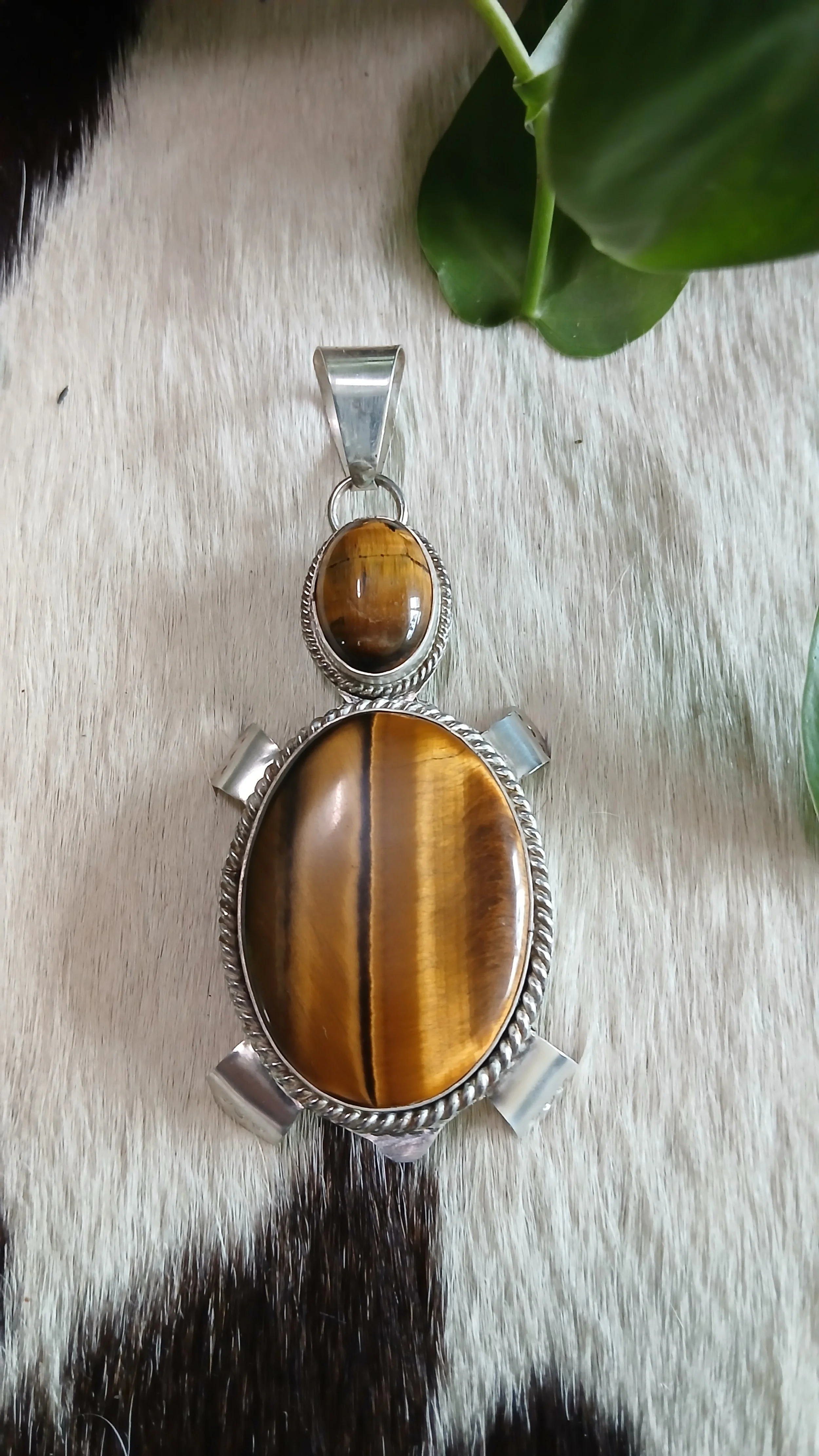 Handsome Tiger Eye, Tiger Bee and Sterling Turtle Pendant
