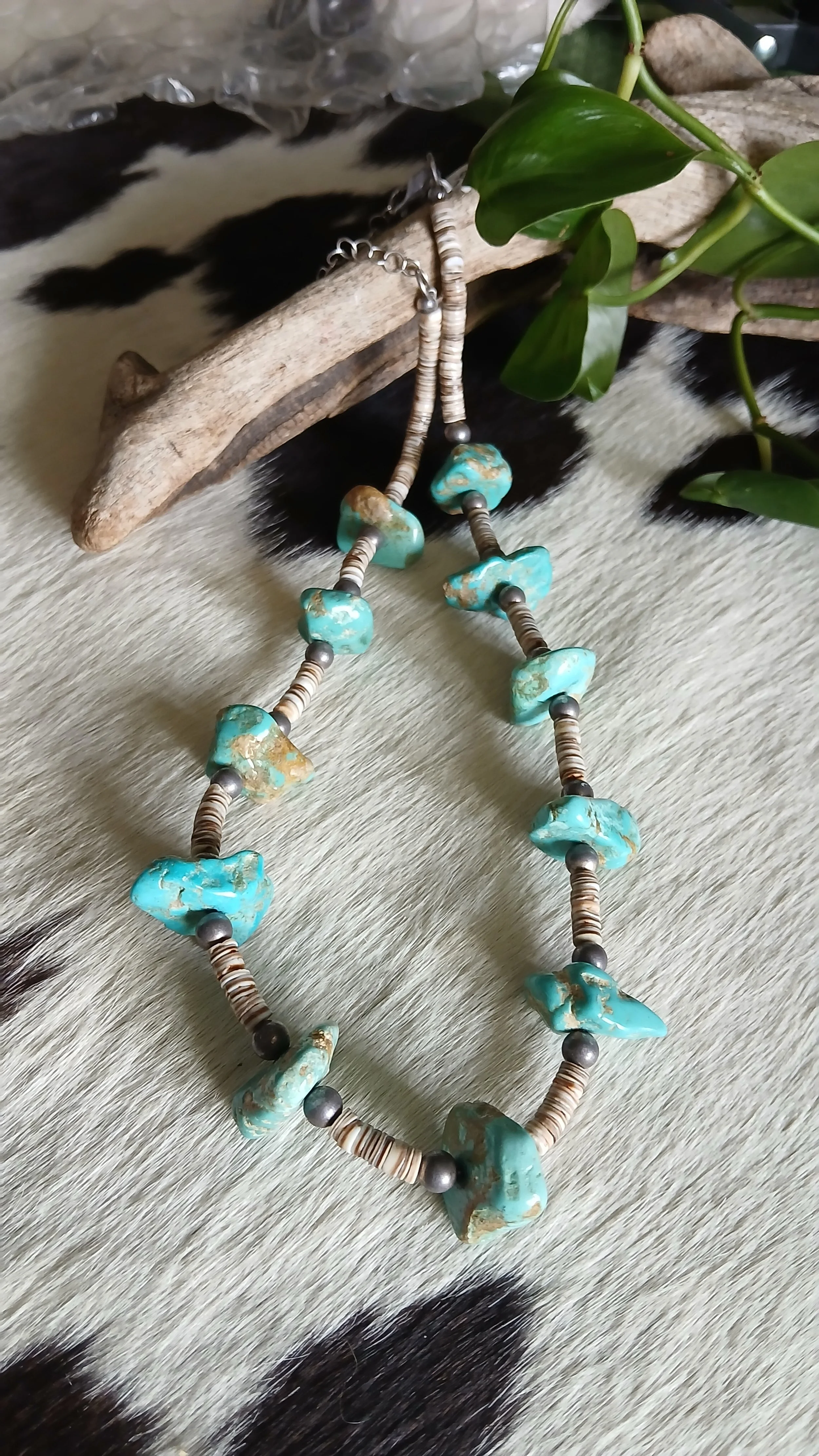 Classic Kingman Nugget, Shell Heishi and Sterling Necklace