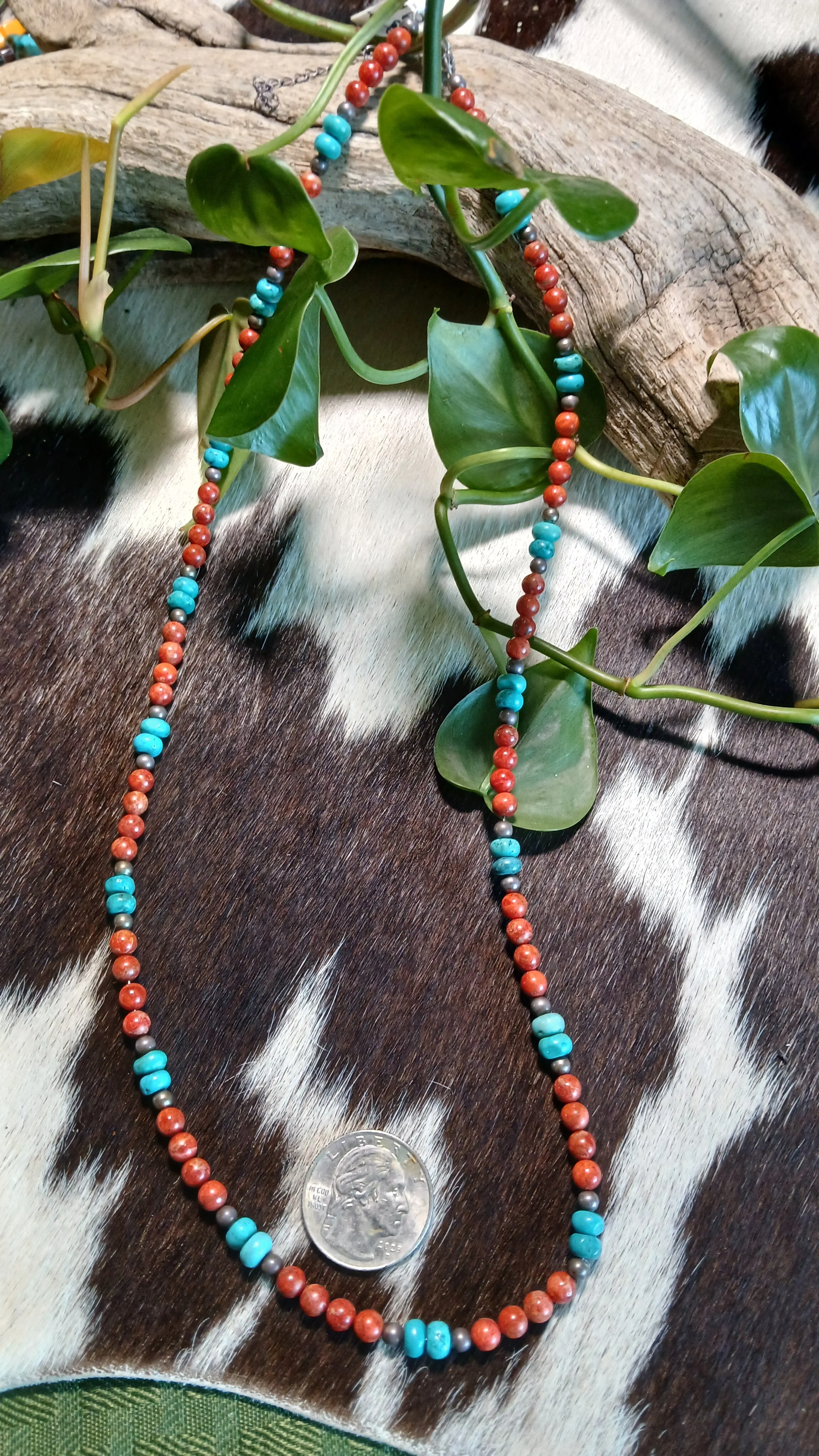 Petite Turquoise, Coral and Sterling Necklace