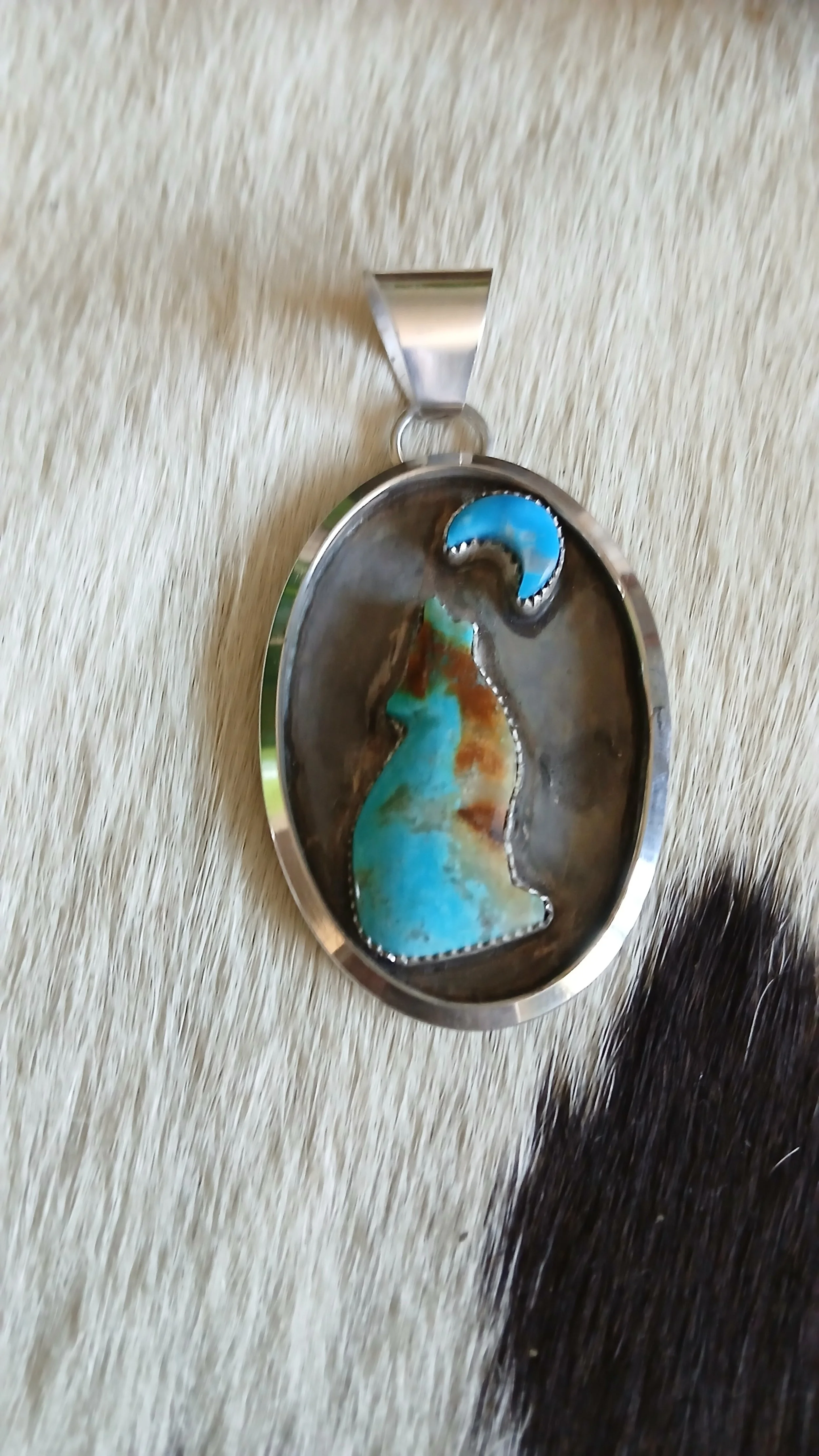 Cool Turquoise Wolf Howling at a Turquoise Moon Pendant