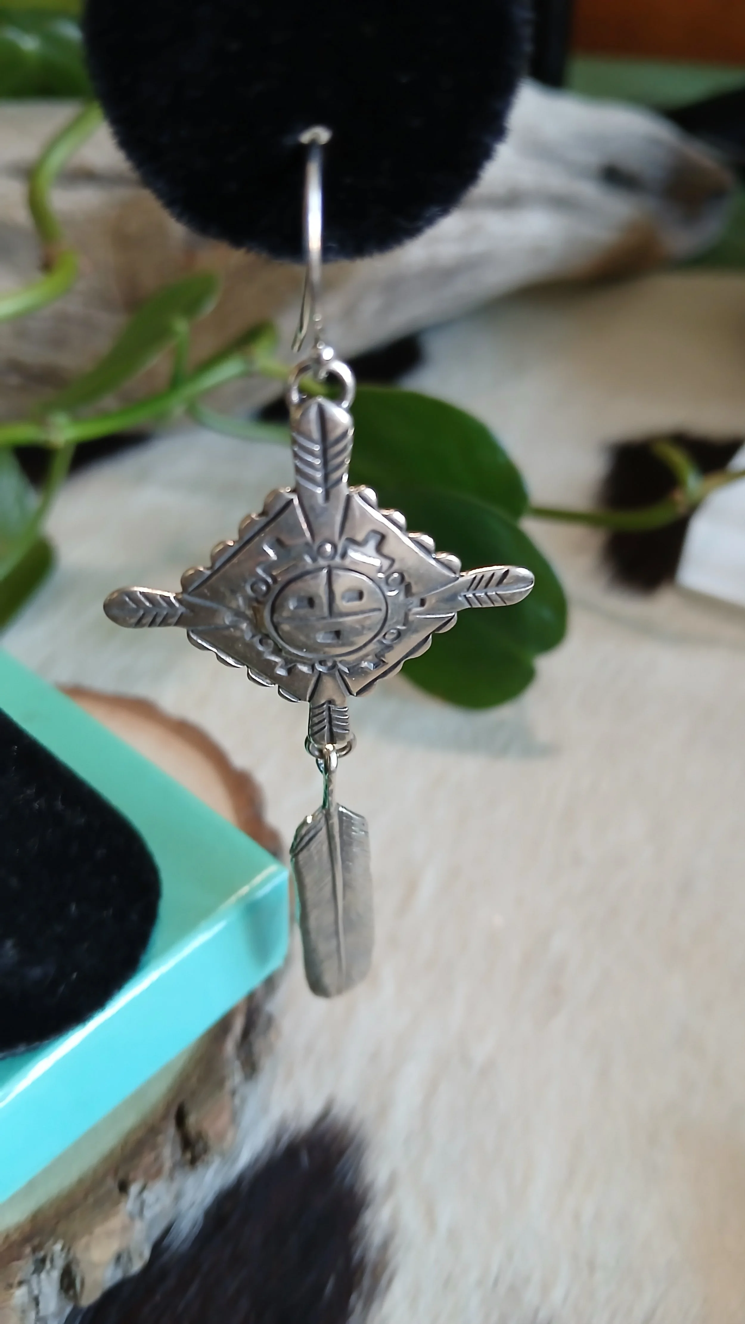 Sterling Sun Face and Feathers Earrings