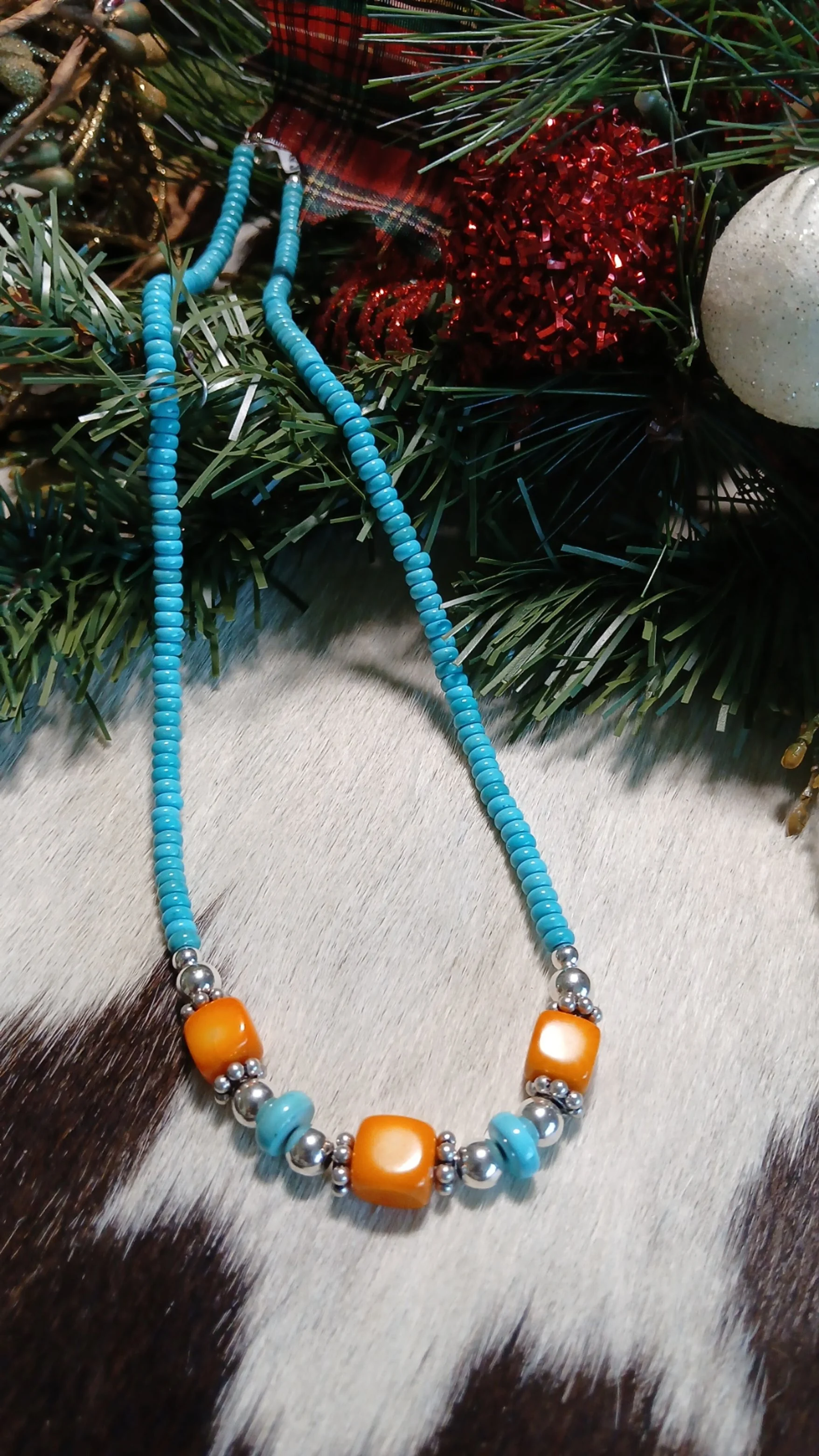Beautiful Kingman Turquoise, Sterling and Orange Coral Necklace