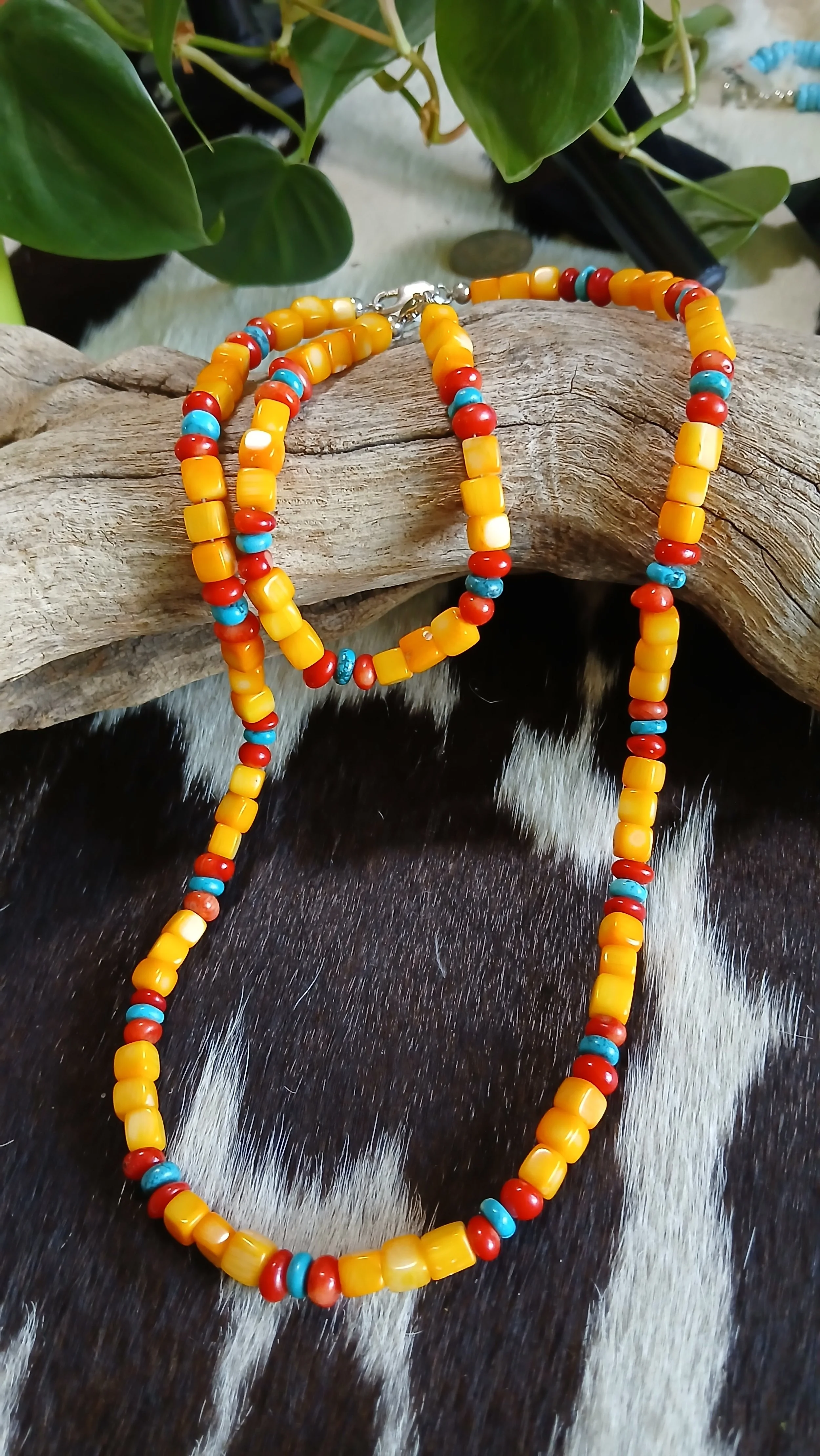 Colorful Turquoise, Orange and Red Coral and Sterling Necklace with Matching Bracelet