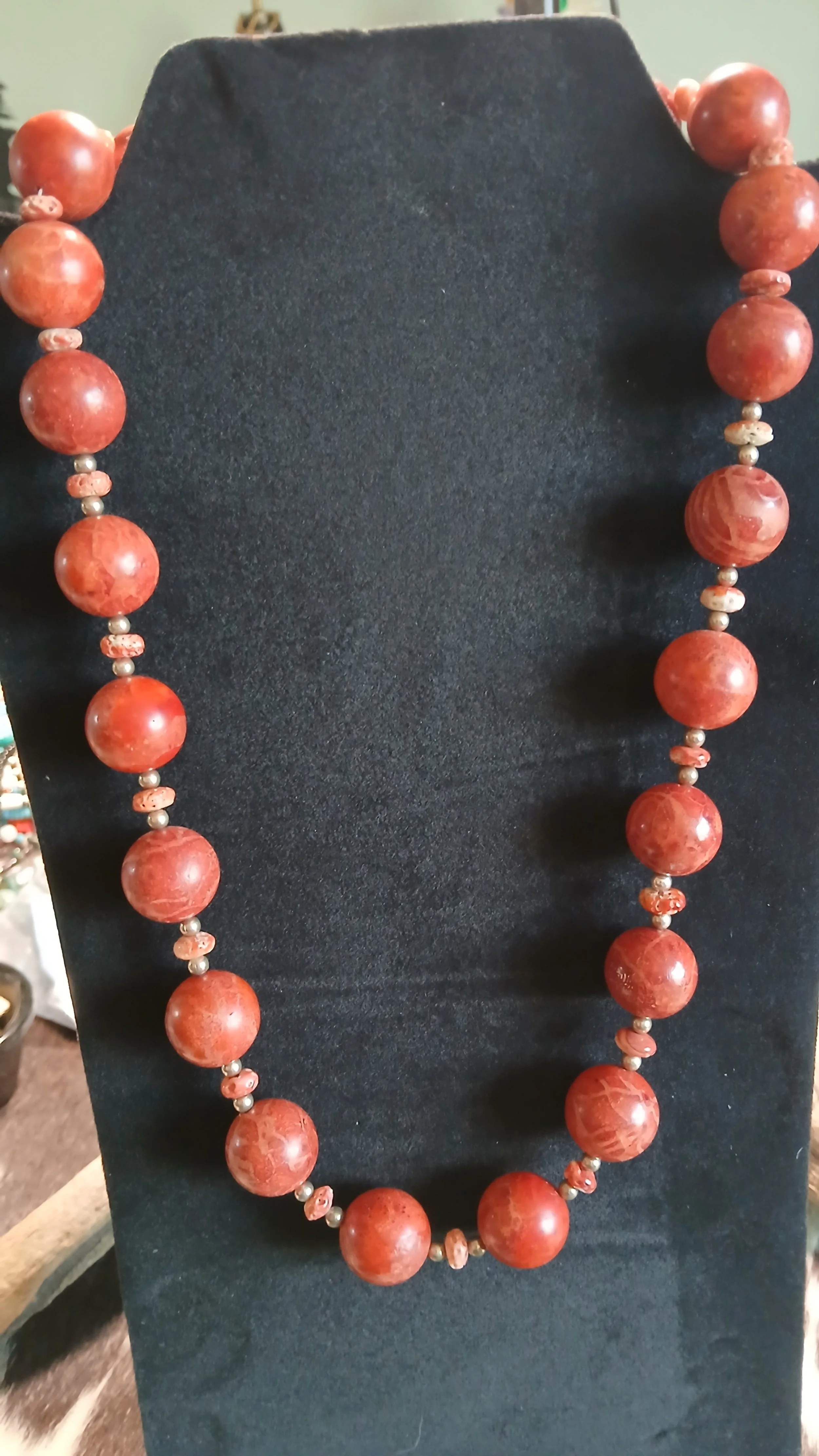 Large Coral Bead and Sterling Necklace