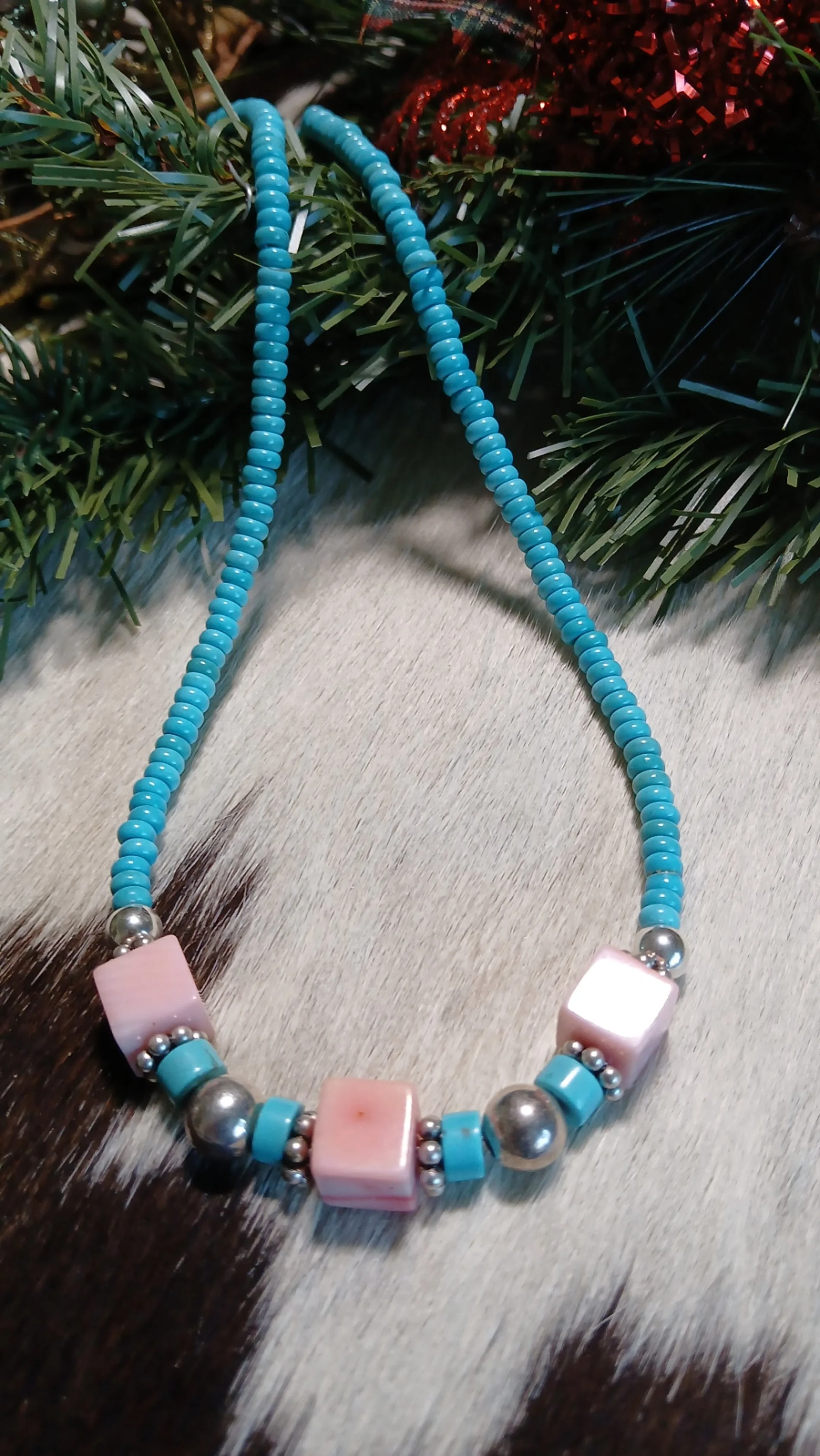 Lovely Kingman Turquoise, Sterling and Pink Coral Necklace