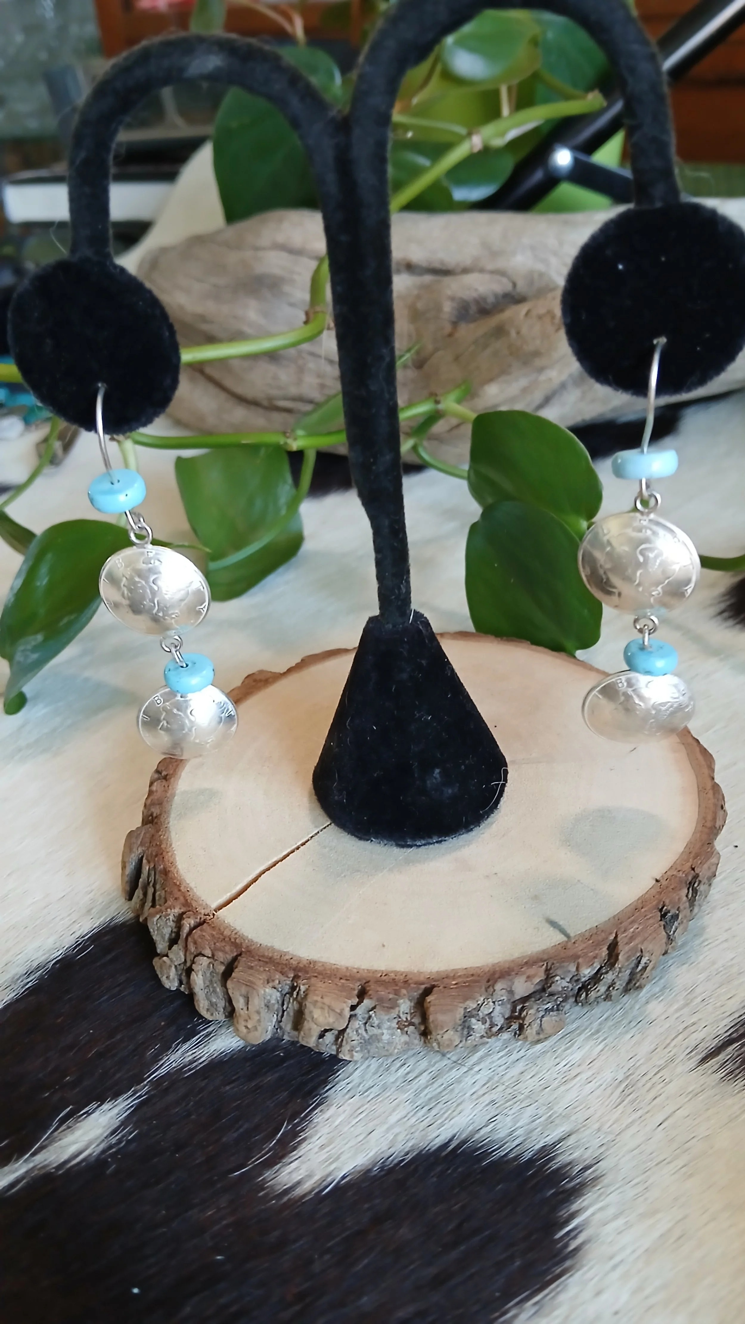 Pretty Domed Mercury Dime and Kingman Turquoise Earrings