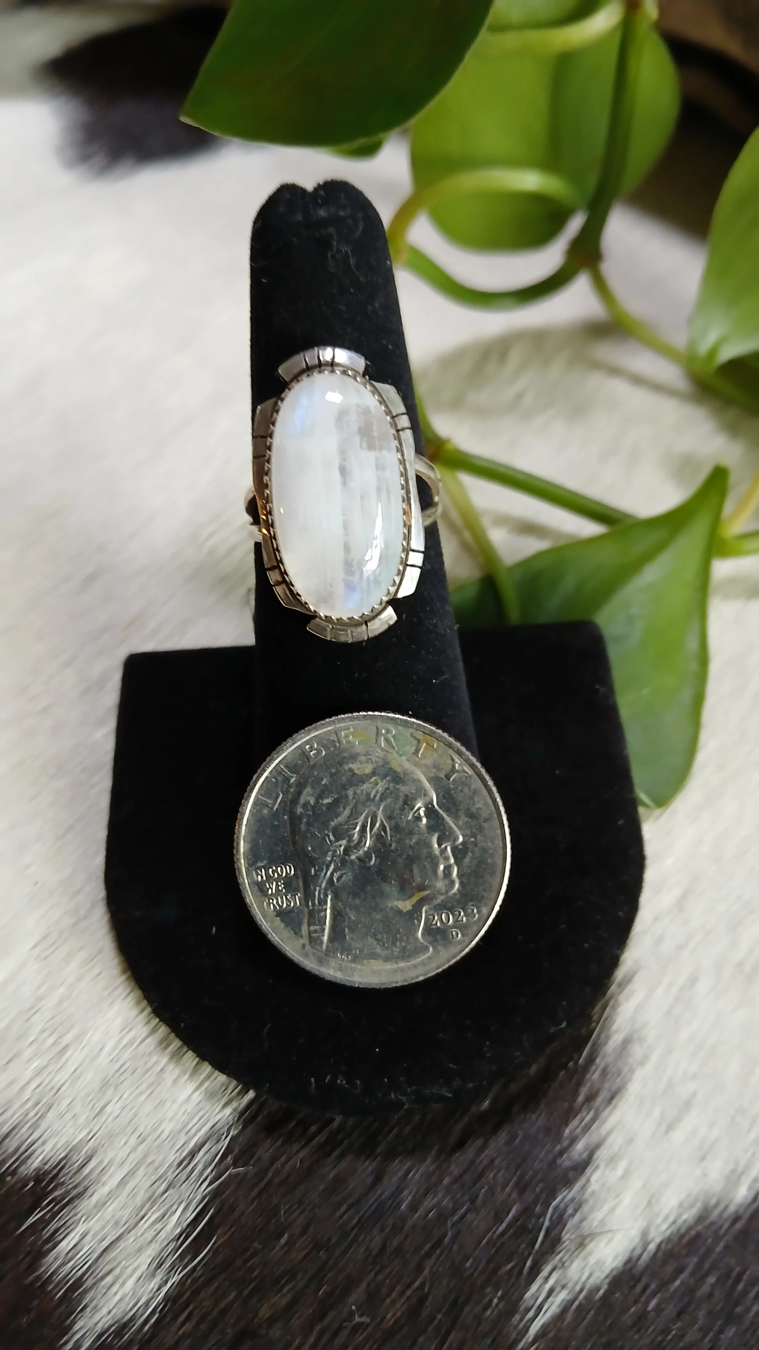 Flashy Rainbow Moonstone and Sterling Ring - Size 6