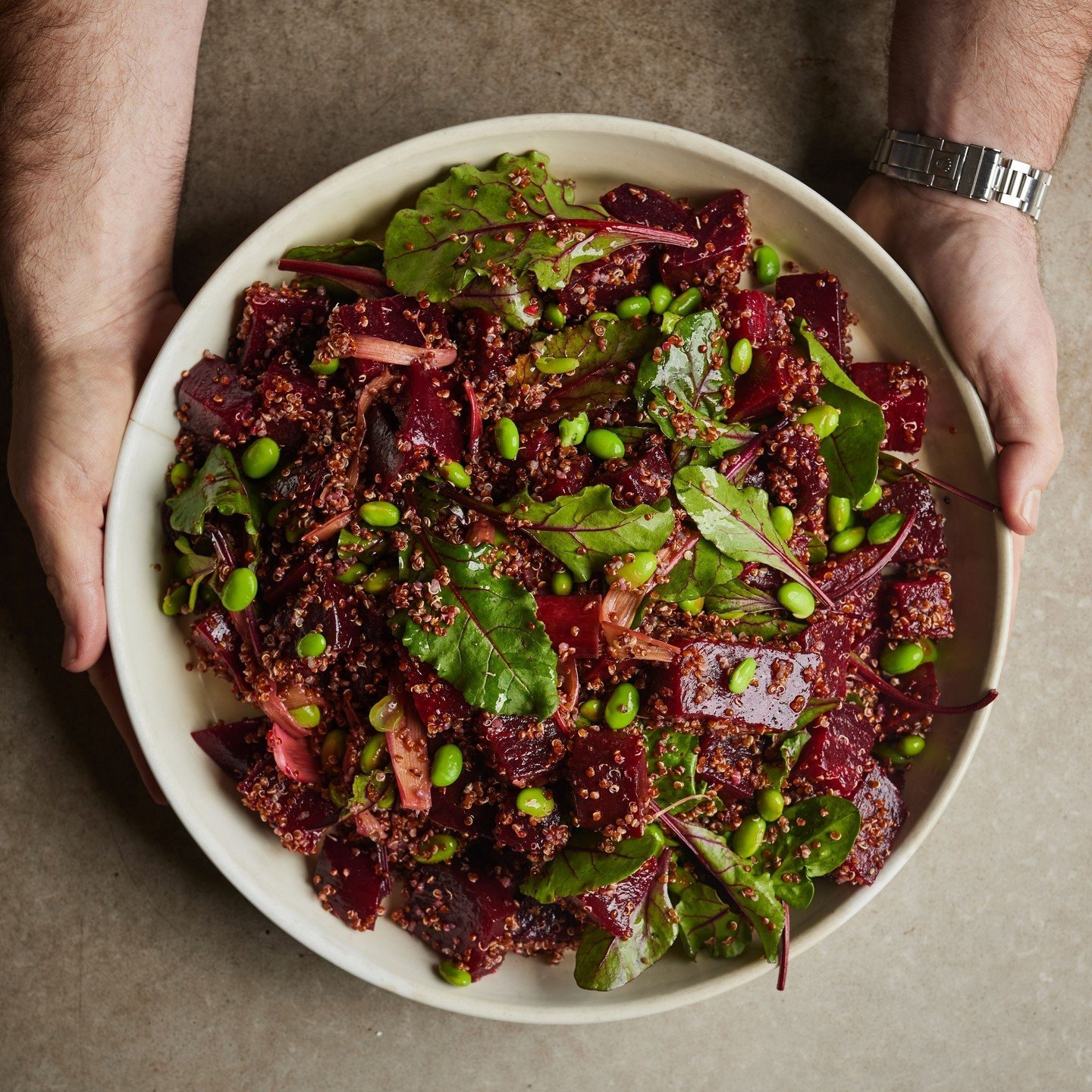 Beetroot, edamame quinoa, cured rhubarb, baby chard leaves, ponzu salad. It's not only vegan, gluten-free, and dairy-free but also bursting with vibrant colours and bold flavours. 

Order now for pick-up or Sydney CBD delivery only at kitchenbymike.c