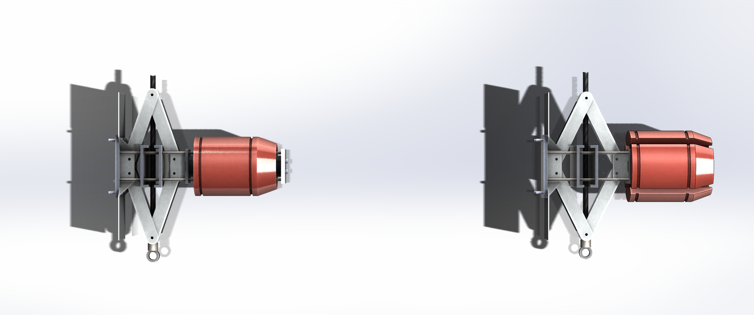  The above views show the radial spreader both in its “stowed” and “expanded” positions. Note the varying positions of either end of the car jack - this is a more immediately visible analogue for the motion of the conical wedges as they push the quad