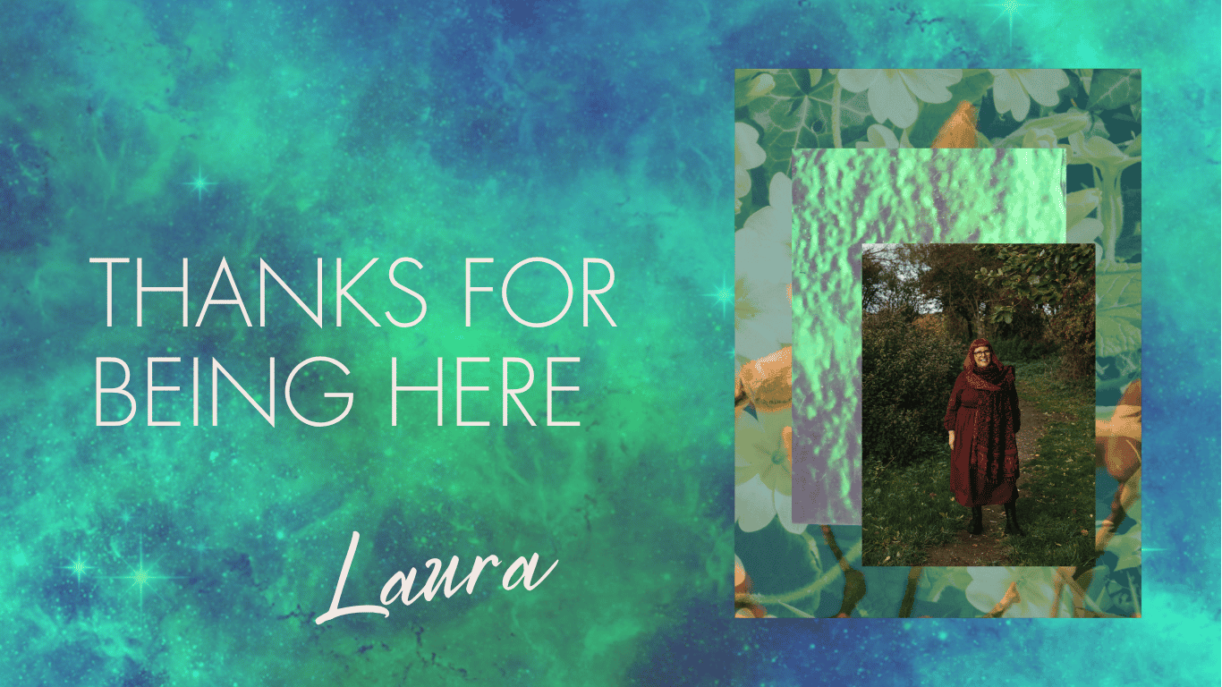 an image of laura in a purple dress, in the woods, and the text thanks for being here.