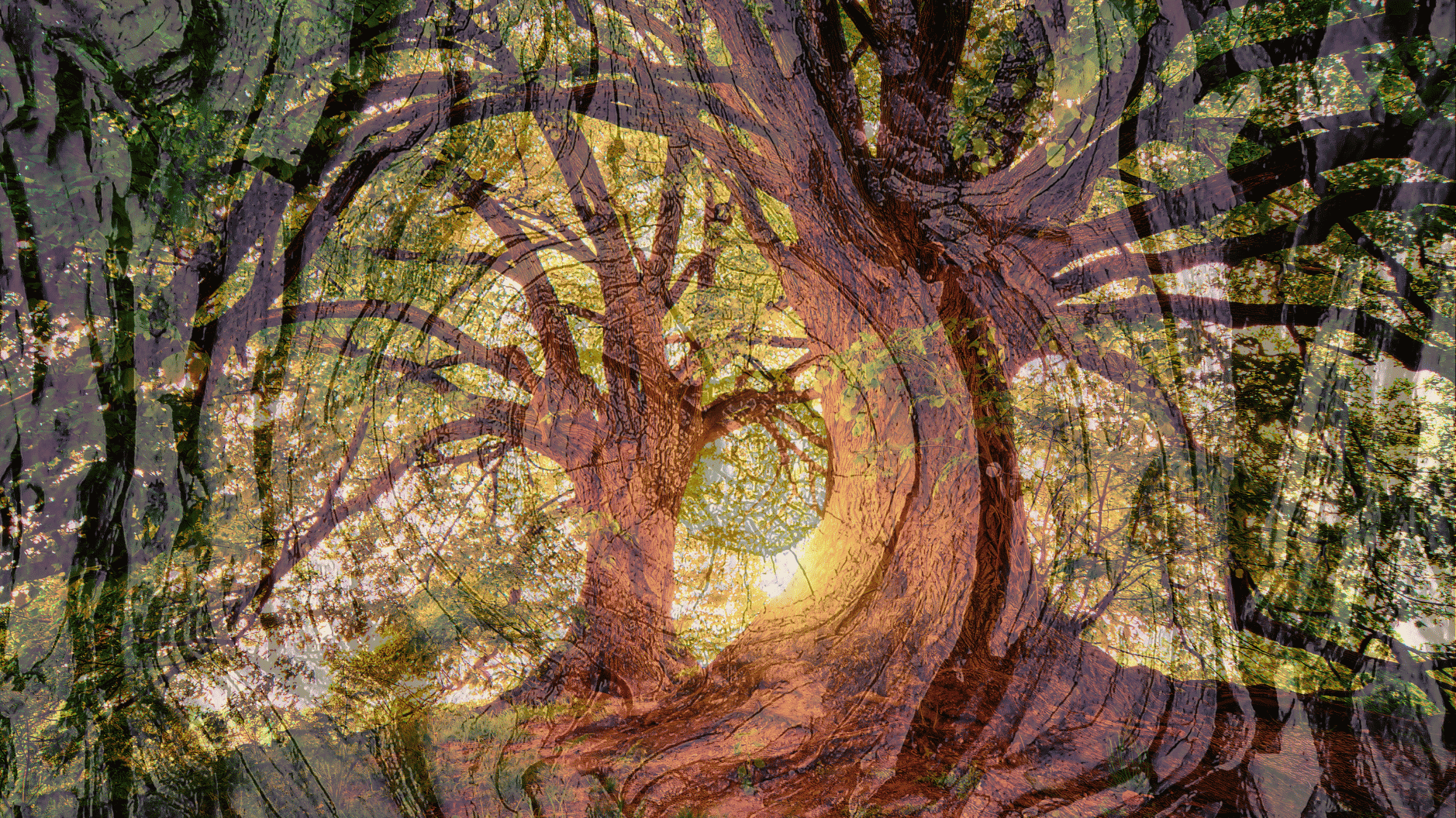 an abstract image of two trees in a forest overlaid by the pattern from tree bark on a post about forest bathing and tree connection