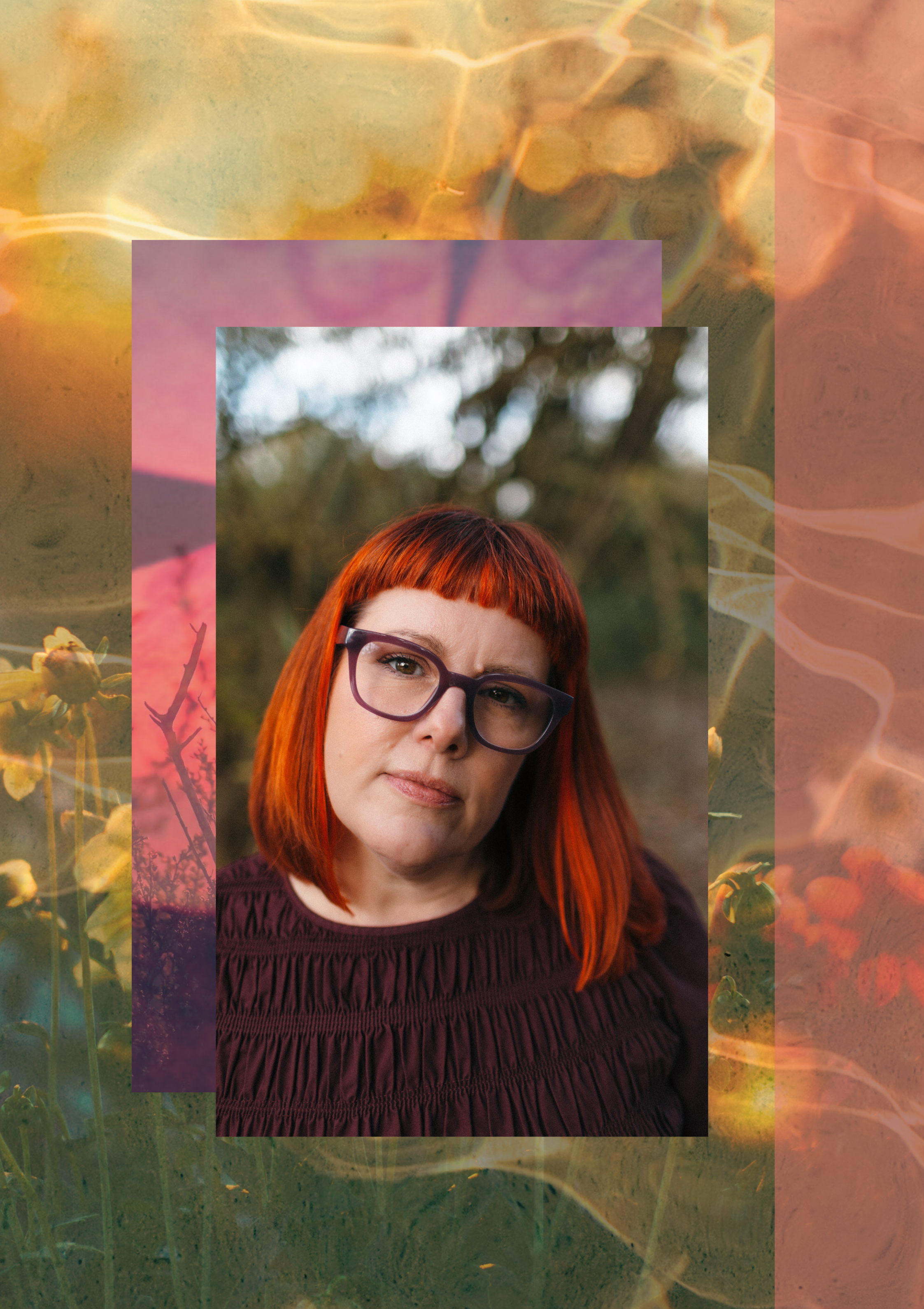 A woman with red hair and glasses outdoors with a blurred natural background, layered with semi-transparent colored rectangles.