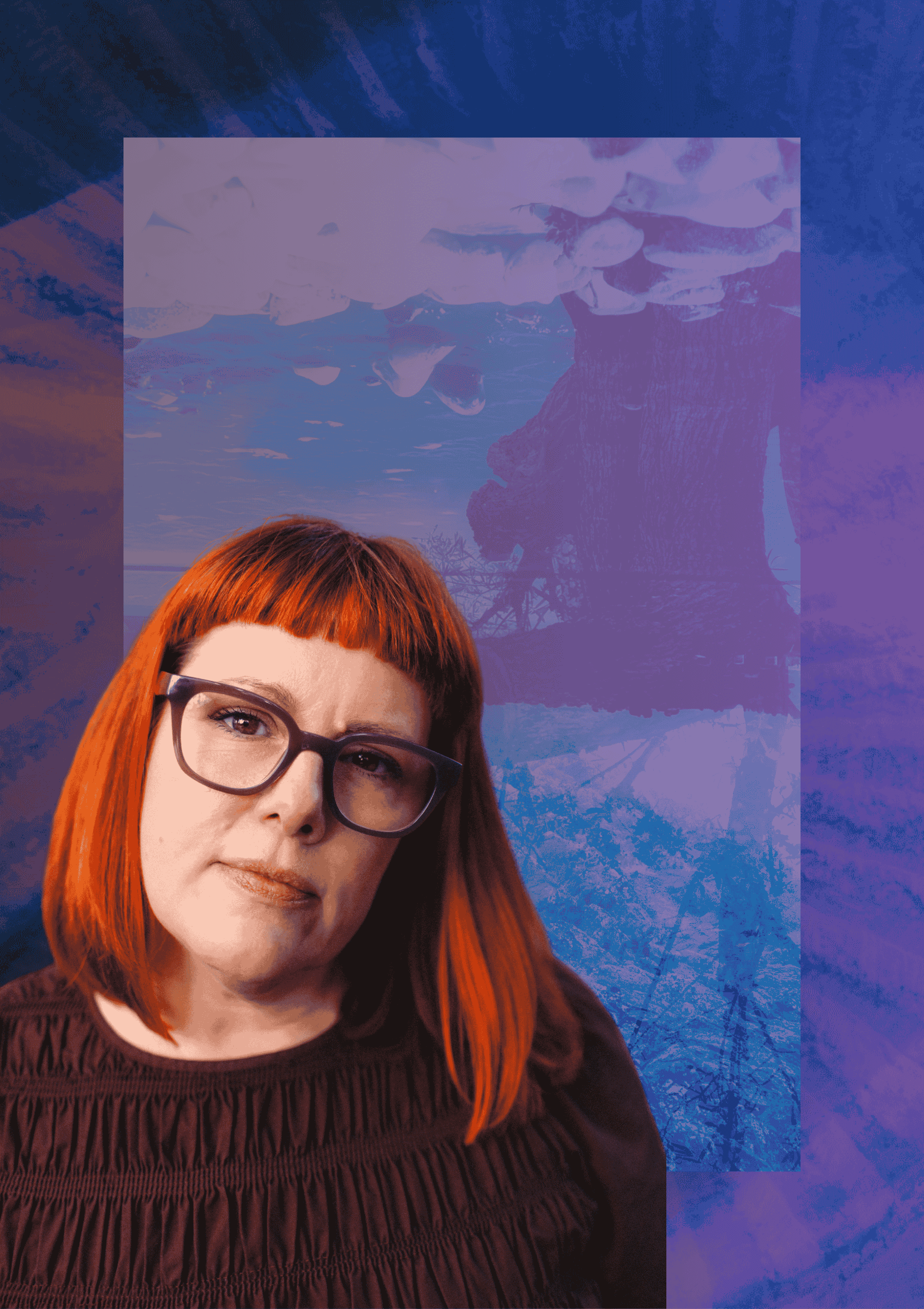 slow social laura looking at camera, a woman with red hair, glasses and a purple dresss