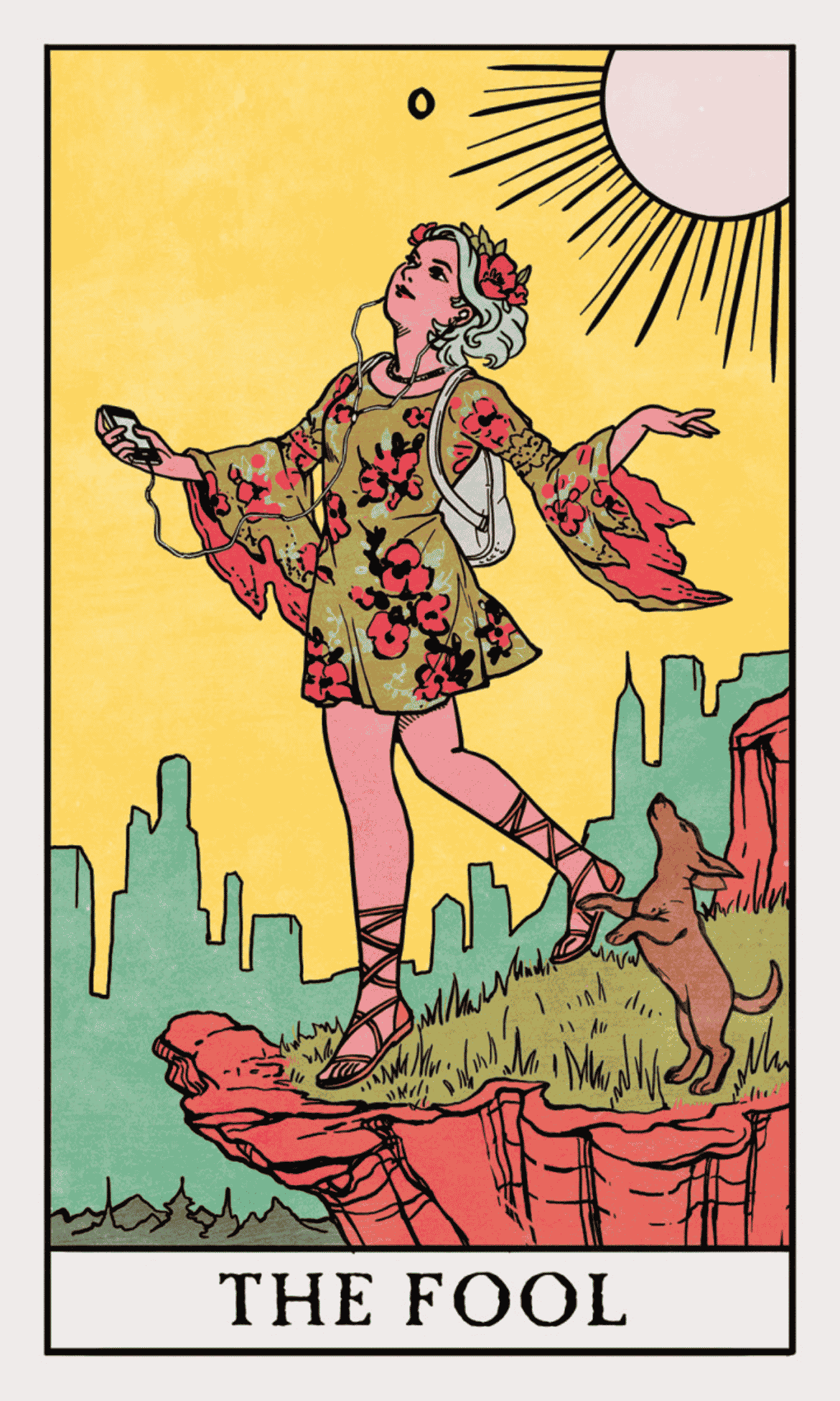 the fool, depicted as a woman wearing a flowery dress, stands at the edge of a cliff edge looking towards the horizon