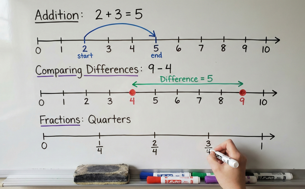 Whiteboard with hand drawing diagram divided into three sections. First section shows a number line from 0 to 10 illustrating addition 2 + 3 = 5 with a curved arrow. Second section shows a number line from 0 to 10 illustrating subtraction 9 - 4 with dots at 4 and 9 and a green arrow indicating the difference of 5. Third section shows a number line from 0 to 1 illustrating fractions with quarter marks at 1/4, 2/4, and 3/4.