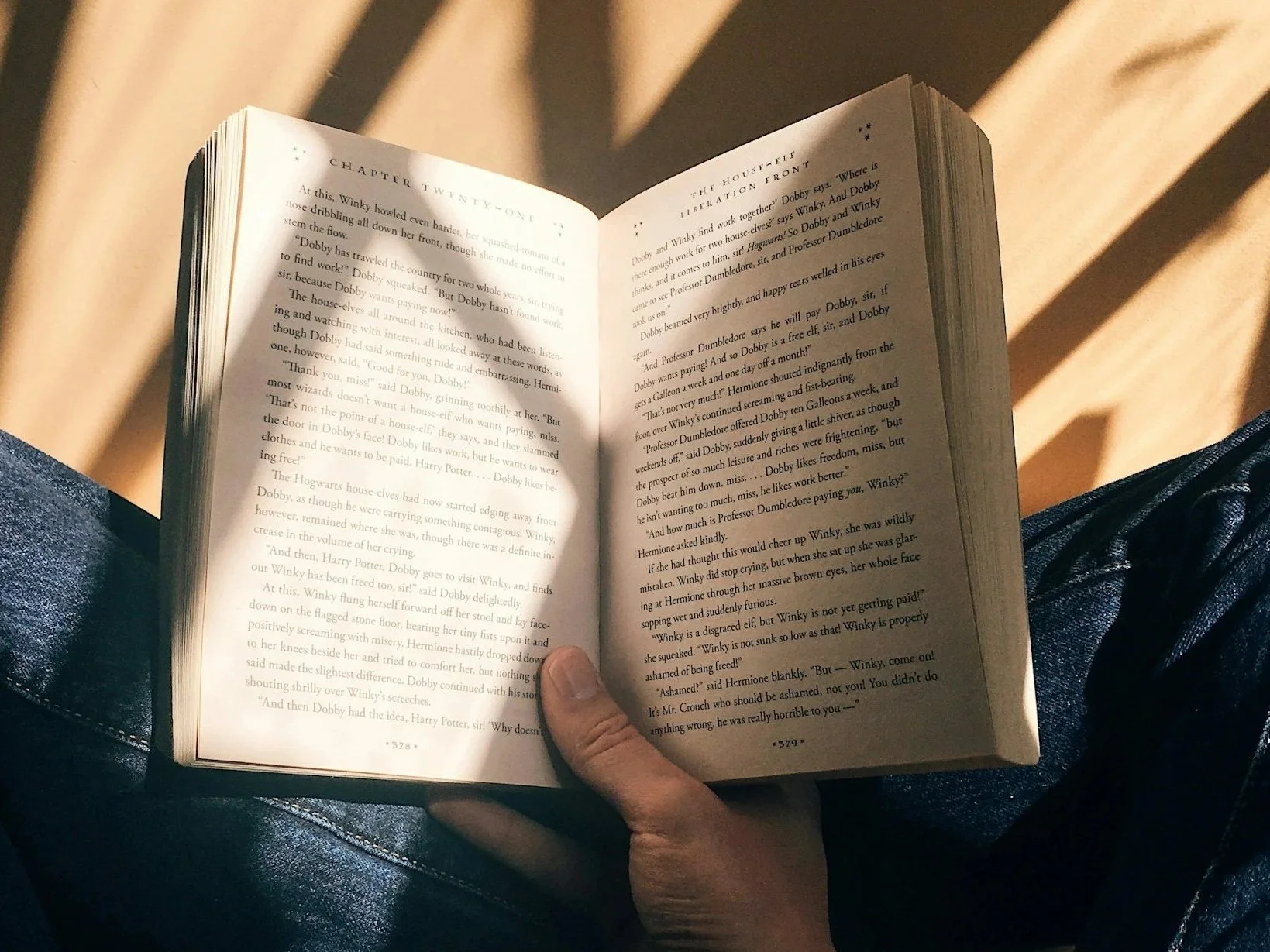 A person sitting on a couch reading a hardcover book, with legs crossed and wearing dark jeans. The scene is illuminated by warm natural light, with shadows cast on the wall behind.
