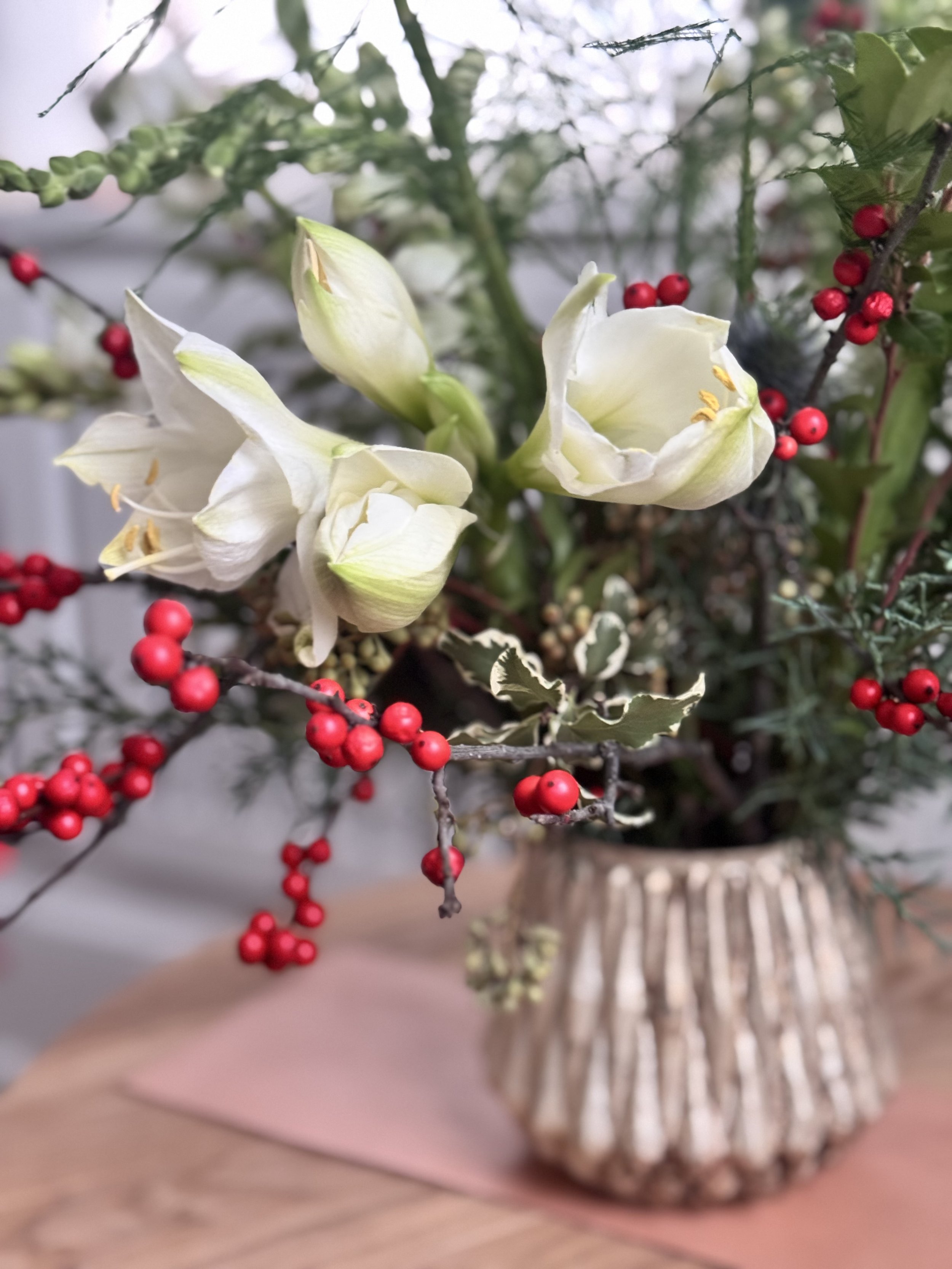 Holiday arrangment with white amarylis ilex.jpg