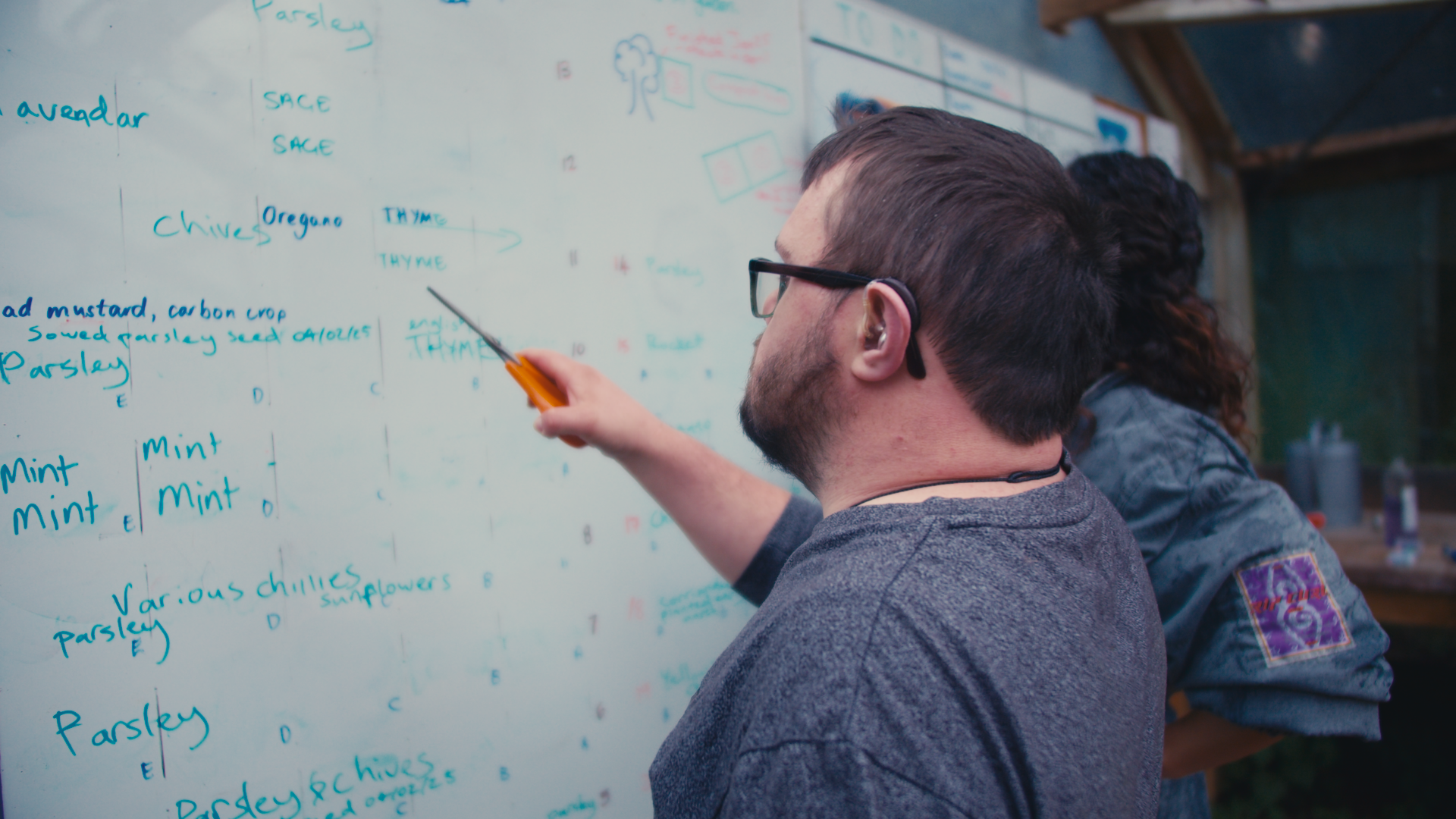 A man with glasses and a beard pointing at a whiteboard with a marker, alongside a woman, in an outdoor setting with wooden structures. The whiteboard has handwritten notes about herbs and plants.