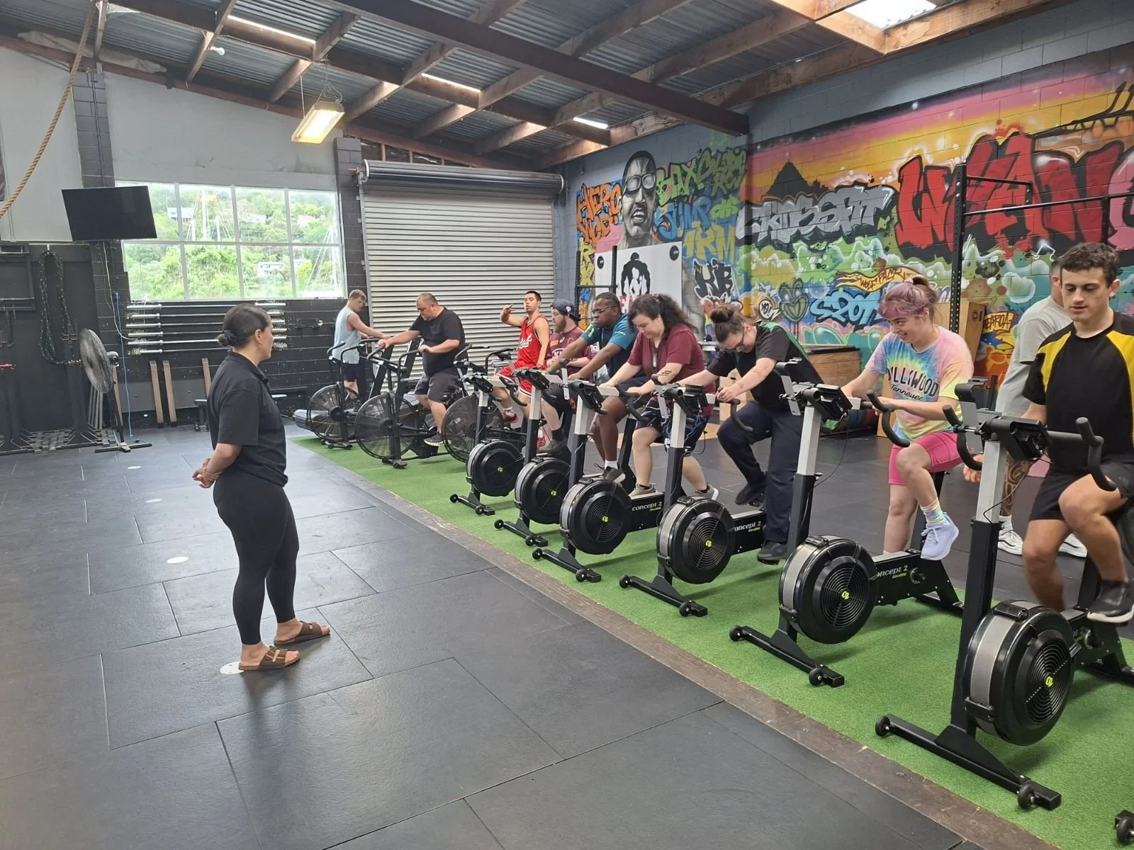Taimahi trainees on the bikes at Crossfit.