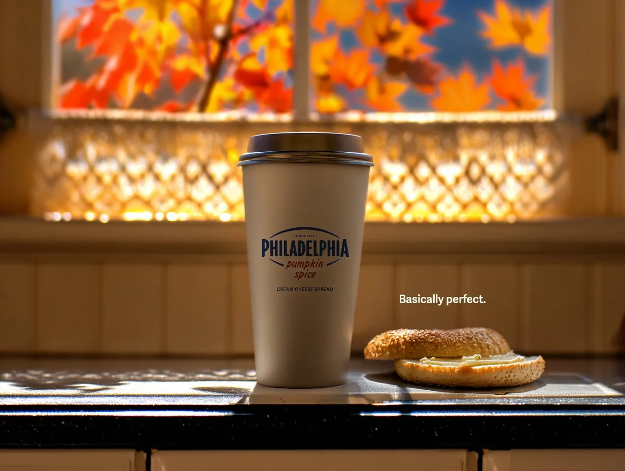 A venti-style coffee cup sitting in a suburban kitchen in front of a window with fall leaves seen through the window. The cup sits next to a bagel with cream cheese