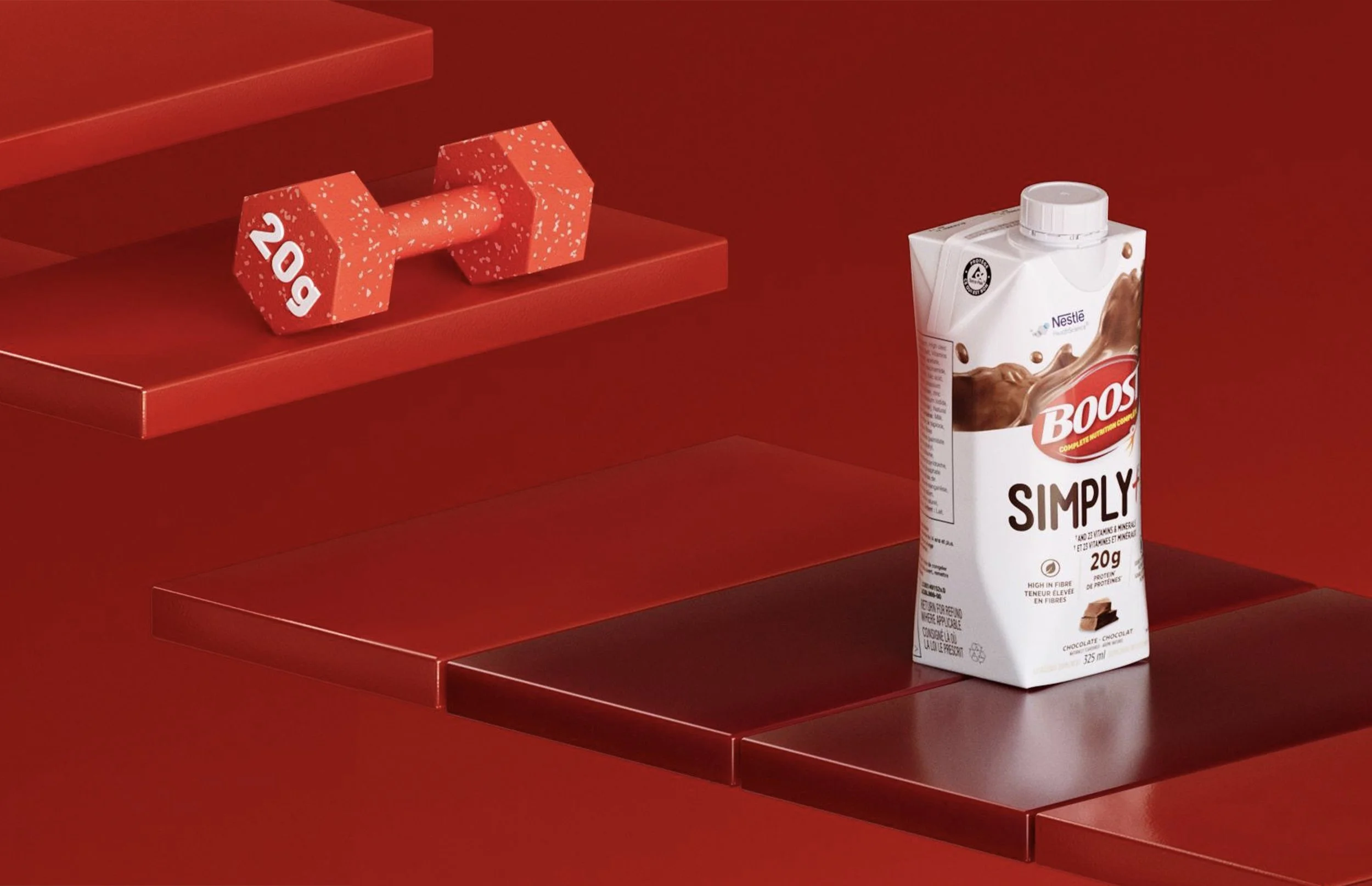 a 20lb dumbbell tumbles down floating steps towards a pack of Boost Simply+