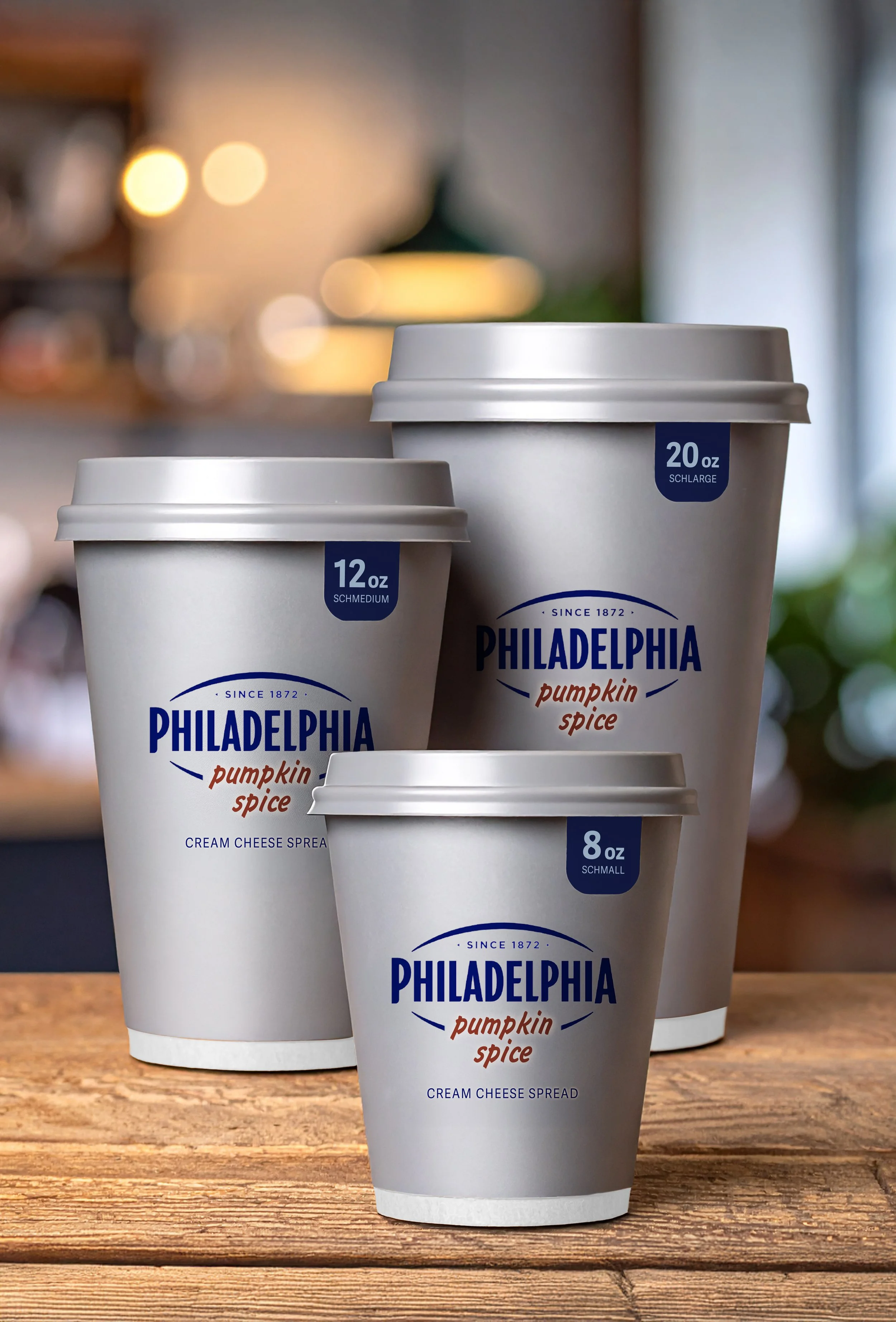 Three to-go coffee cups styled to resemble the Philadelphia Cream Cheese tubs