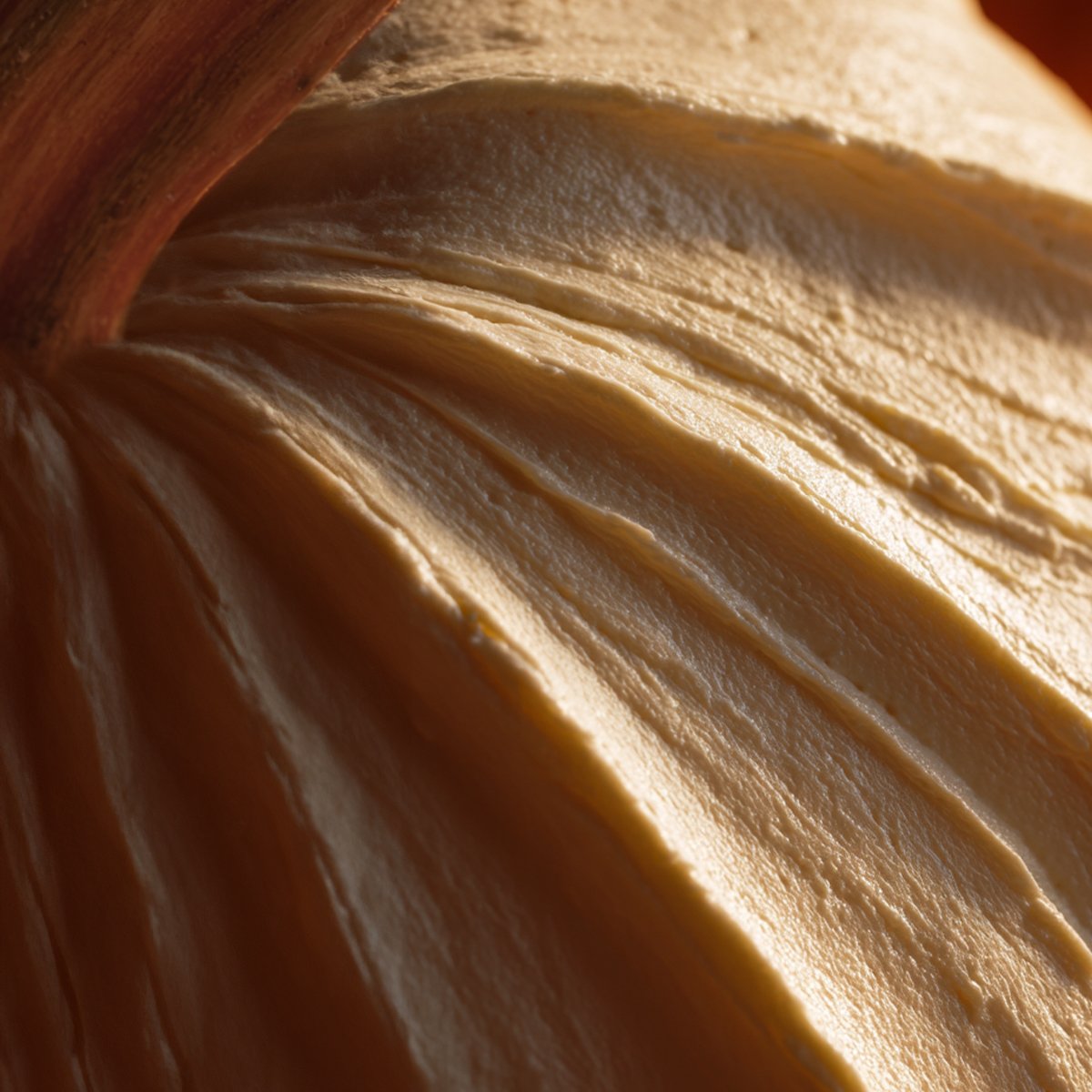 An extreme close-up shot of cream cheese textured to look like the grooves of a pumpkin