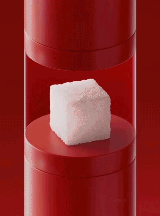 GIF of reduced sugar, seeing one large cube break down into seven small cubes