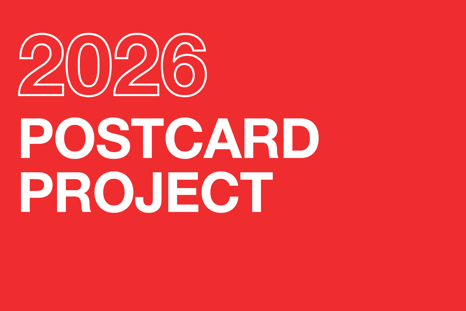 red image with text that reads 2026 postcard project. there is also a little postcard that flies across the screen jauntily