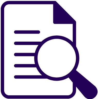 Purple Icon of a magnifying glass over a document leading you to Kelly's Research