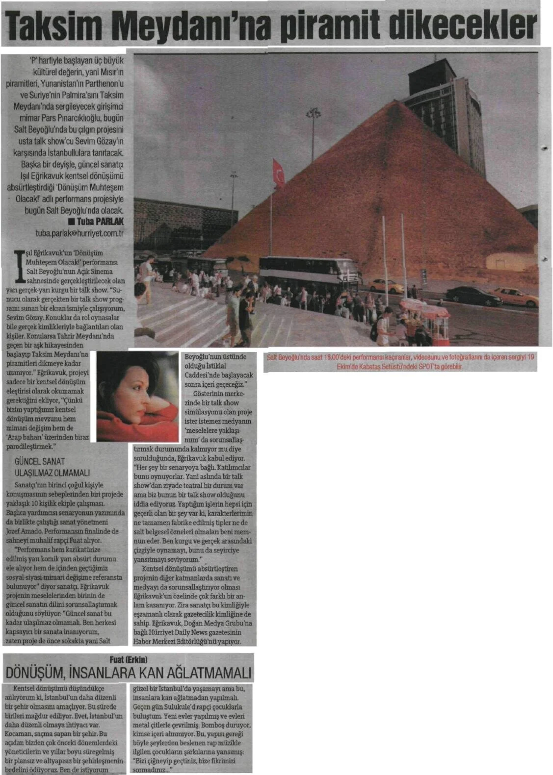 Hürriyet (September 2012), Tuba Parlak, Taksim Meydanı’na piramit dikecekler