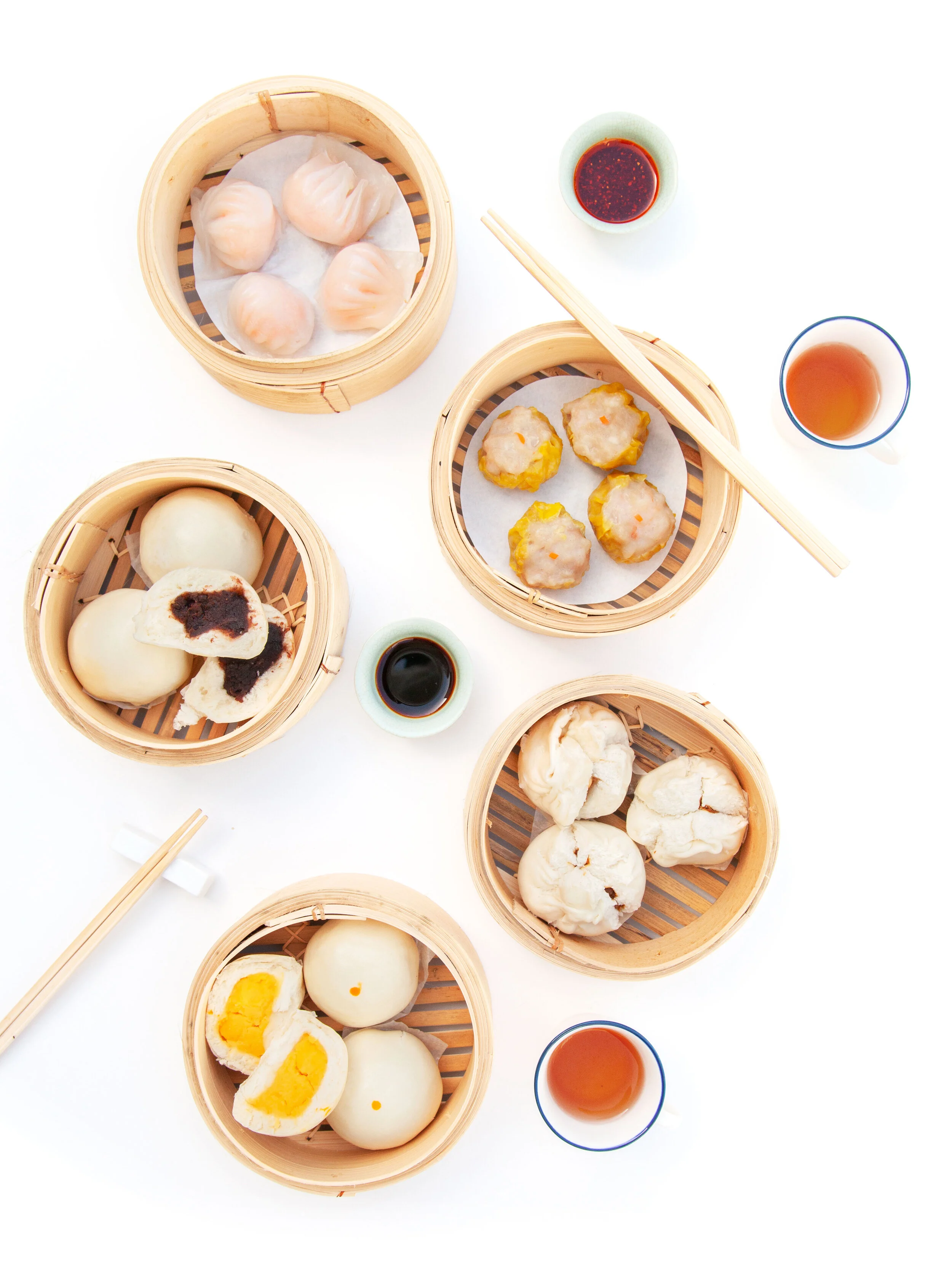 Dim Sum Menu   6 for $9.00 Max 2 Options  Top to Bottom:   Prawn Dumplings Pork &amp; Prawn Siu Mai Red Bean Buns BBQ Pork Buns Custard Buns