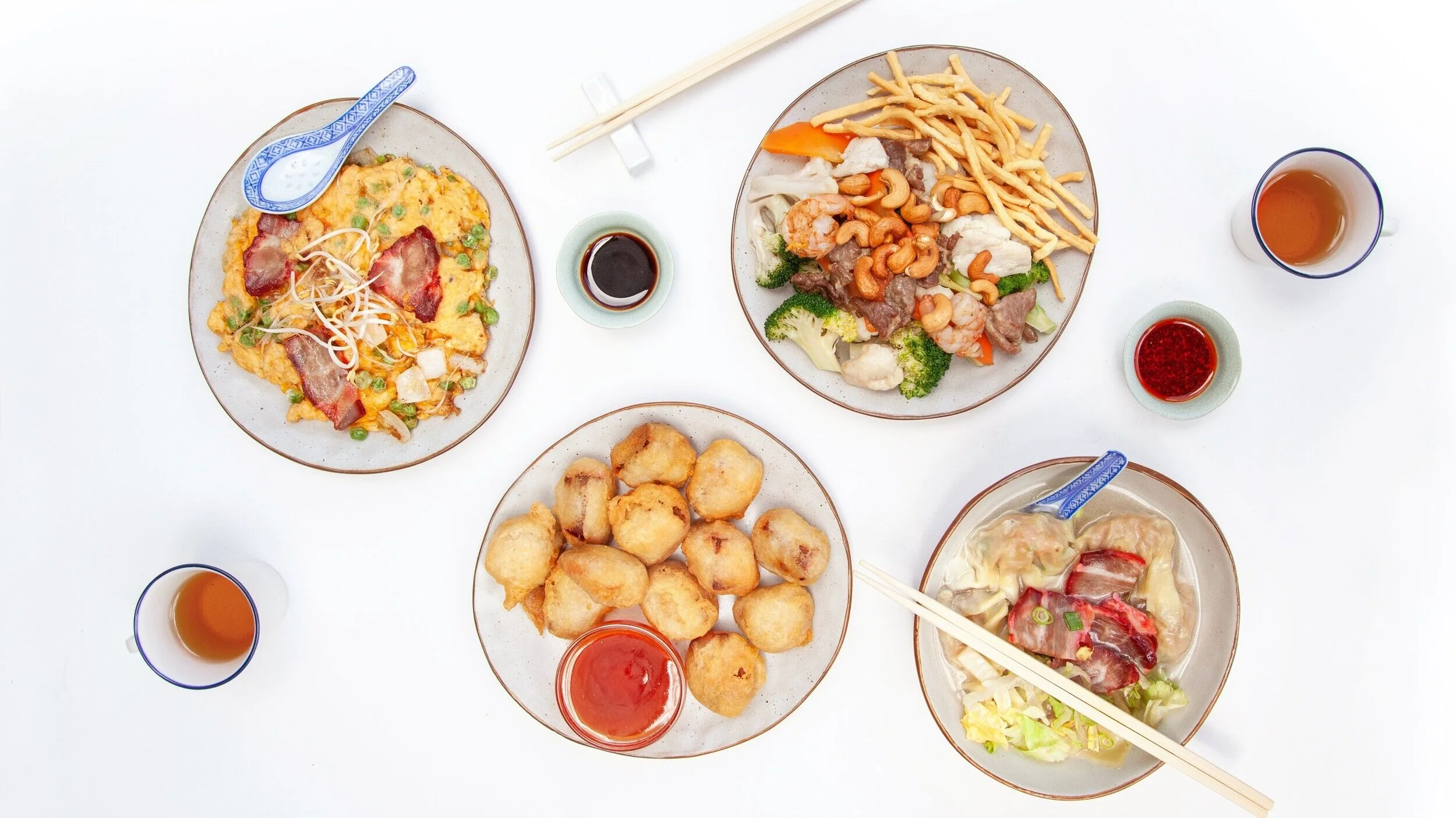 Left to Right: Roast Pork Fu Yoong $13.50 | Sweet &amp; Sour Pork $13.50 | Special Chow Mein $17.00 | Wonton Roast Pork Soup $12.00