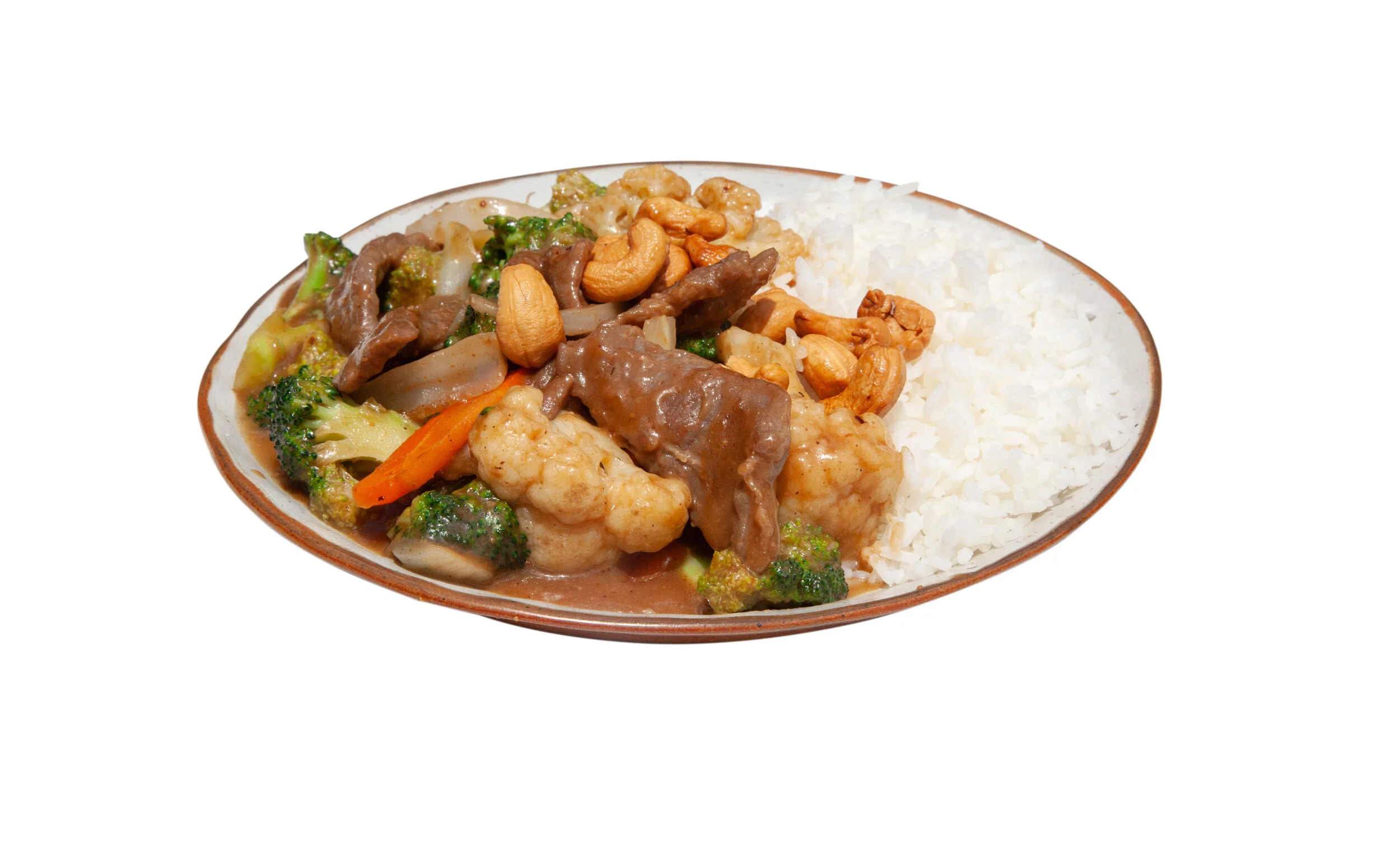 Satay Sauce Beef on White Rice with Cashew Nuts $16.50
