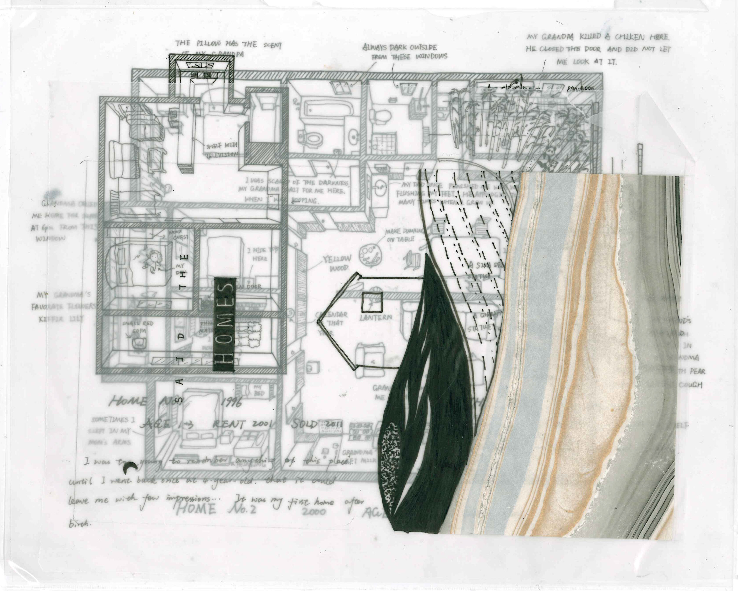 Print negatives, ink and textiles on paper