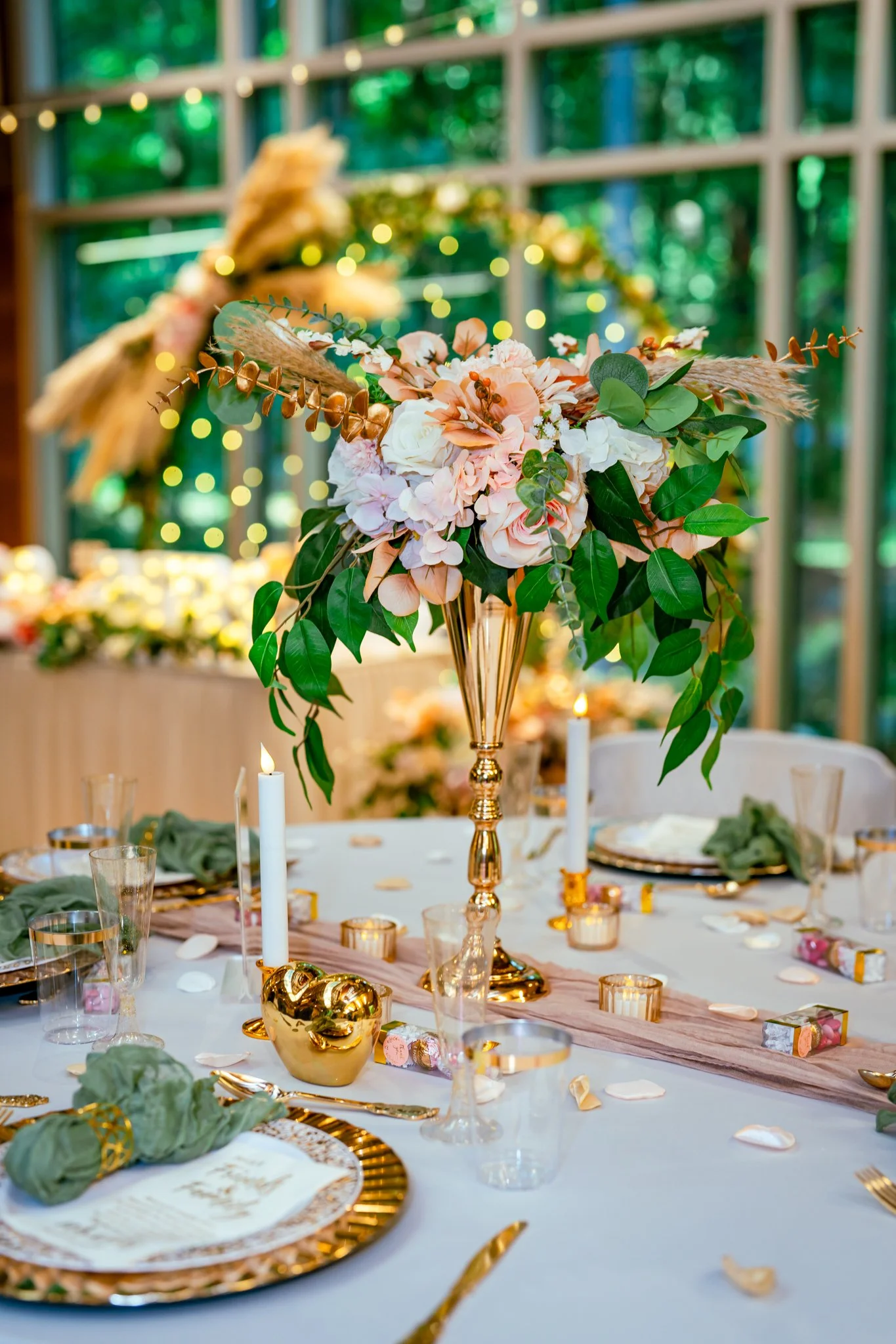 Floral gold vase centerpiece