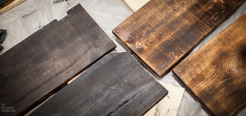   Notice how the gray stain (left) neutralizes the otherwise warm tones of the unstained wood (right).      Clear Coat   You probably really like the way your wood looks now, but you need to clear coat it to seal in the loose particles, especially if