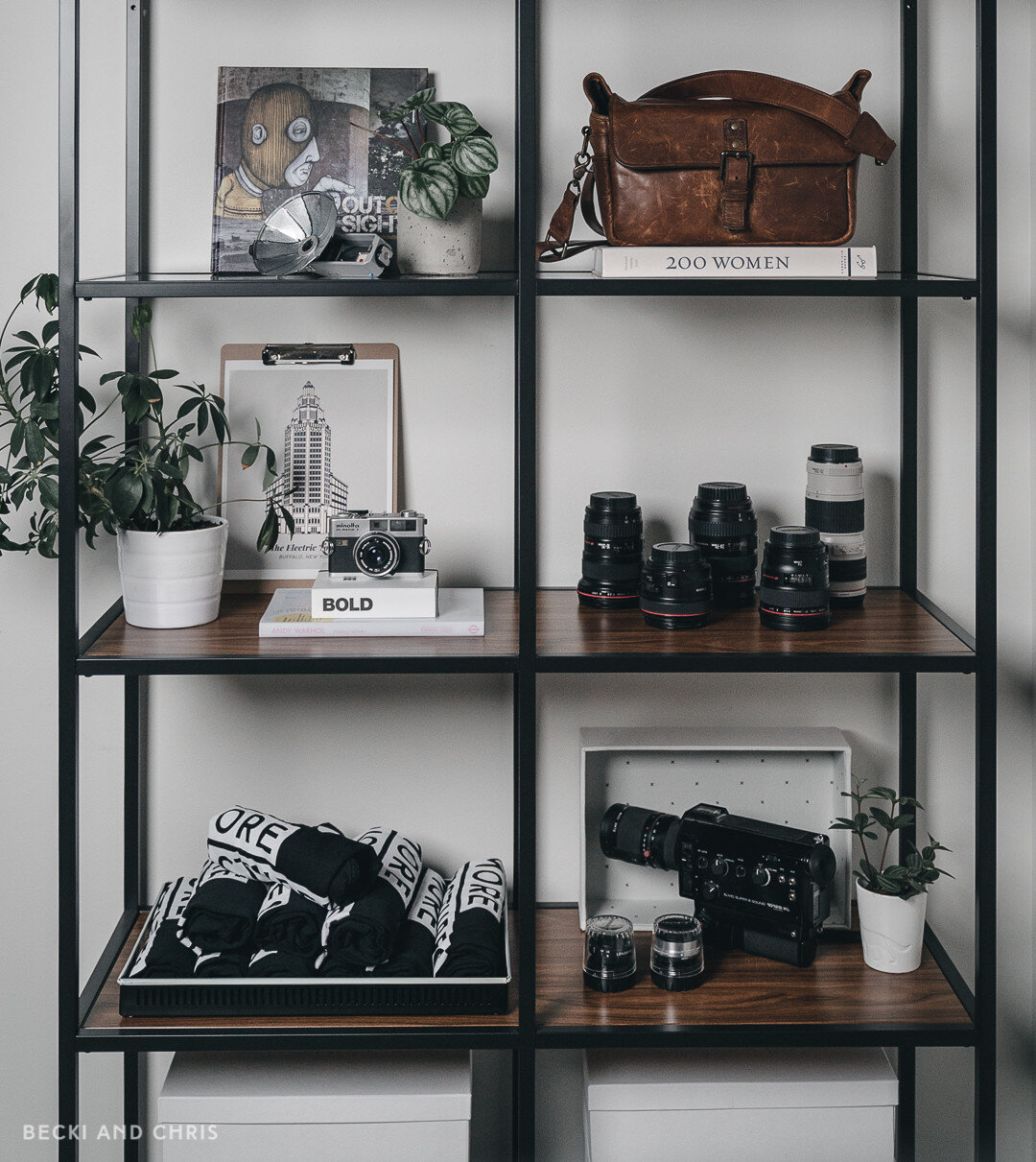   Plants:&nbsp;   Daddy's Plants   , Shelf:&nbsp;   VITTSJÖ by Ikea   , Boxes:&nbsp;   TJENA by Ikea   , Camera bag:&nbsp;   The Leather Bowery by Ona&nbsp;   
