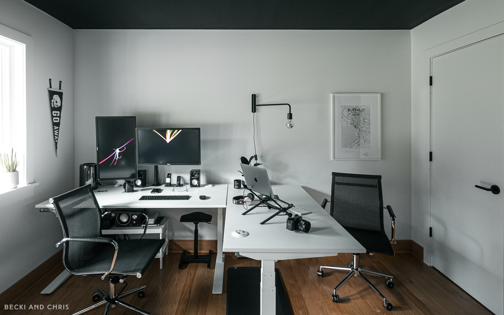  We started with a great blank slate, but decided to paint the ceiling and doors as well. We went with decorators white on the walls and doors, and matte black on the ceiling to add some fun to the space. We get light in this room all day long, the b