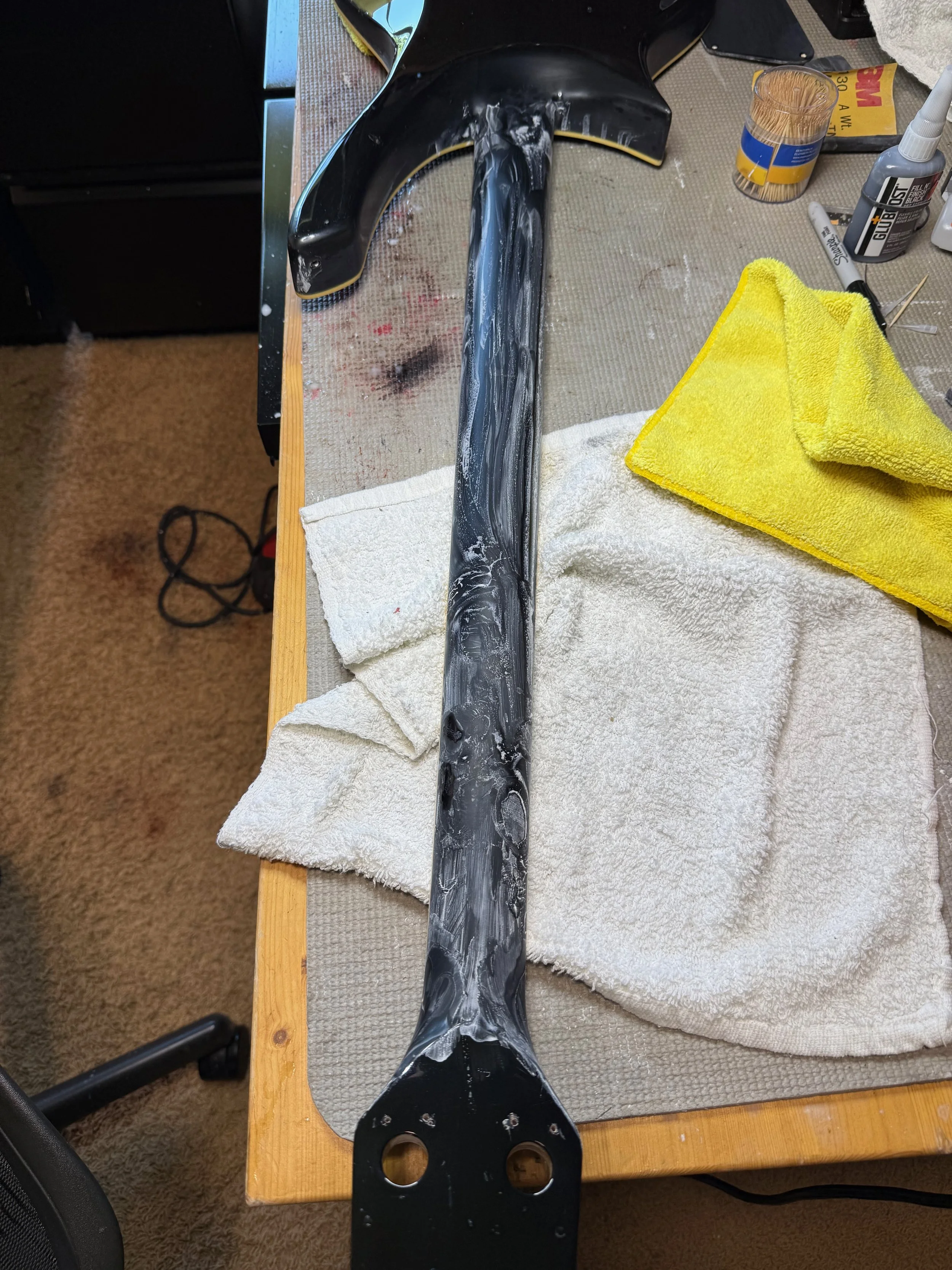 Blemishes on the neck filled with GluBoost and wet sanding