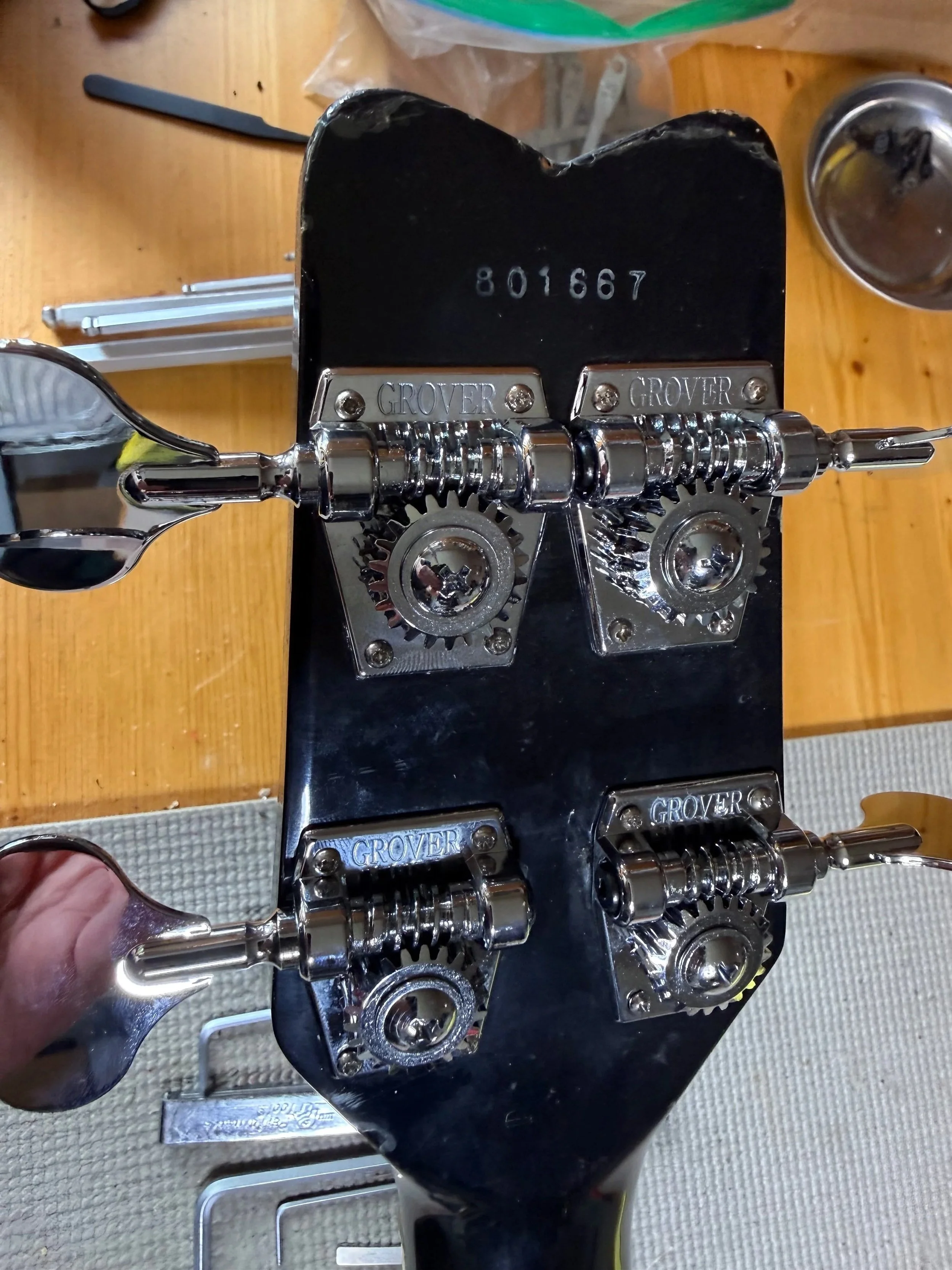 Grover tuners are not correct (and added extra holes that would need to be filled)