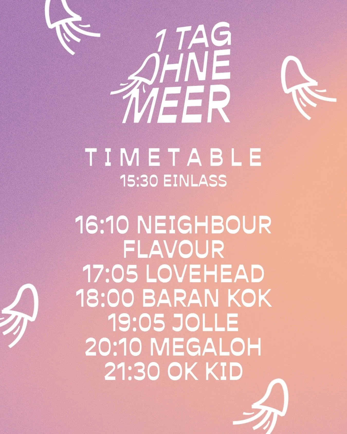 Hier der Timetable ihr Lieben💜🫂

Und ja, die Quallen werden h&auml;ngen und leuchten. Die Gesichter werden strahlen. Wir freuen uns wirklich ganz dolle 💜🪼💜 Bitte checkt unbedingt die Hinweise zur An-  und Abreise und bucht euch ein Park- oder Sh