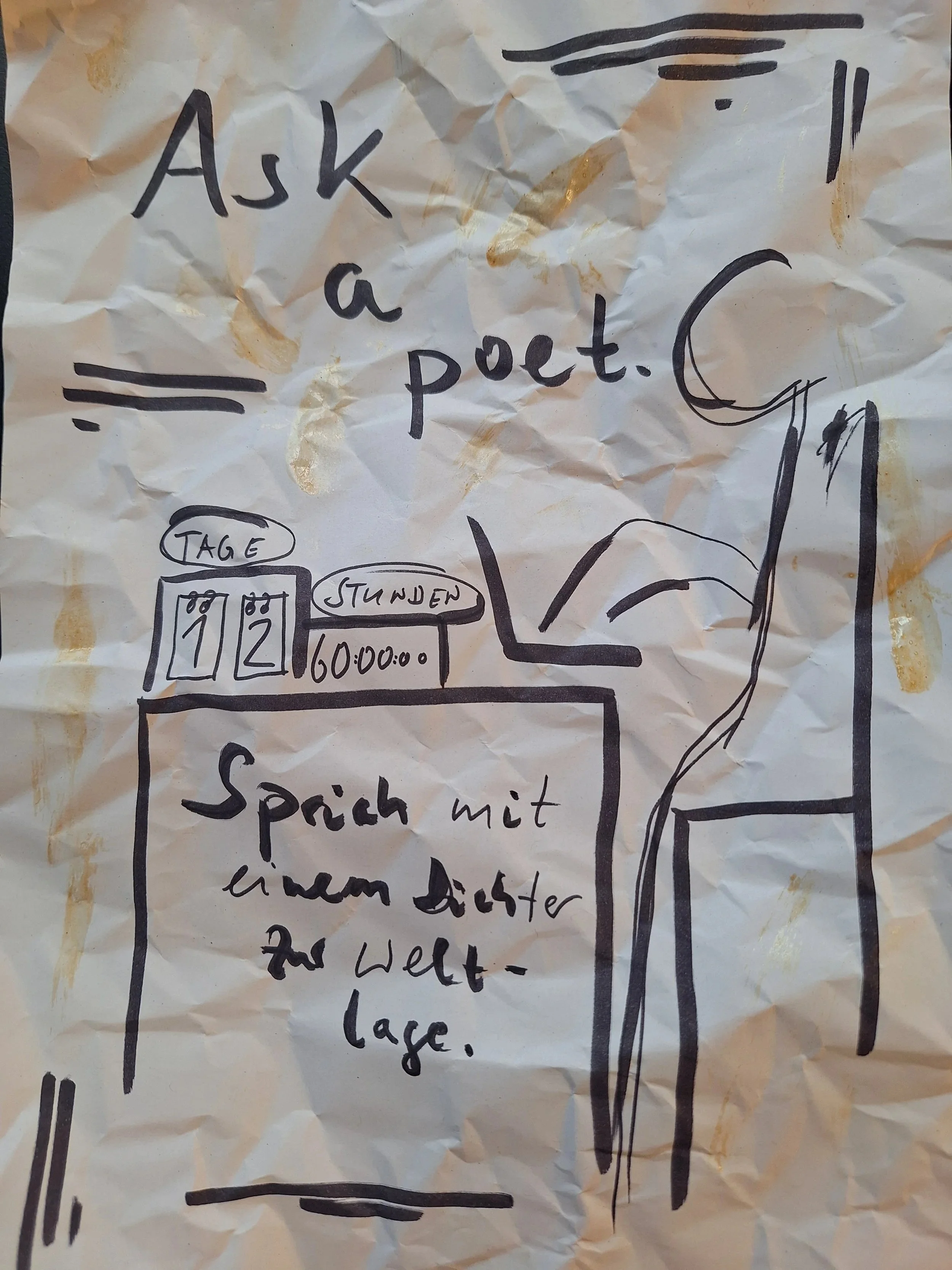  Concept drawing for the performance art piece ‘Ask a Poet’ to be realised in April and May 2026, BBK Oberfranken at Villa Dessauer, Museum for Modern and Contemporary Art Bamberg. 