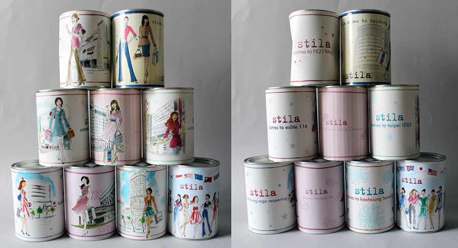   Paint Cans  ca. 2005-2007  As Stila continued to expand internationally, the line proved particularly popular in Asia. These paint cans commemorate the opening of their counters at top department stores including Eslite and Idee (Taiwan), and Mitsu