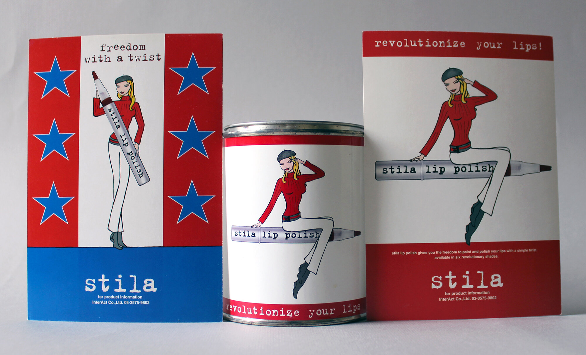   Postcards and Paint Can  ca. 2003  The campaign for Stila’s Lip Polish was one of founder Jeanine Lobell’s favorites. “I liked the lip ad that had the girls saluting ‘start a lip revolution'. The direction was updated Andrews Sisters and the revolu